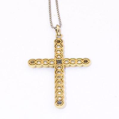 Antique Jewellery Cross Pearl Brilliant Pendant with Chain 585 White Gold Yellow Gold around 1900