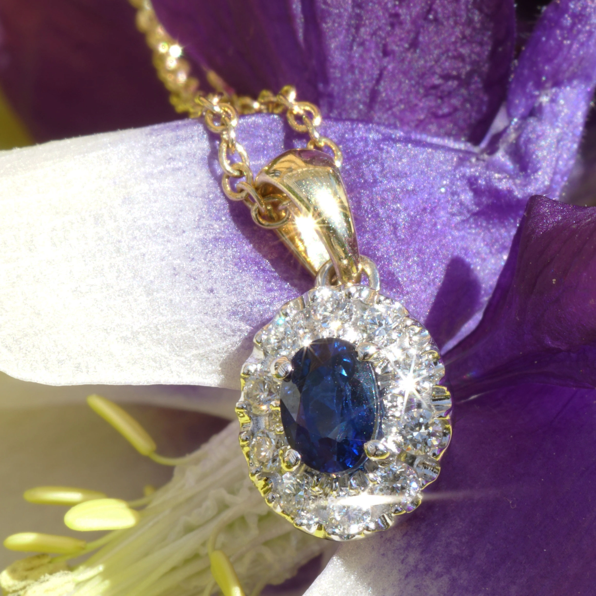 Saphir Brillant Anhänger m. Kette hergestellt in Traditionsgoldschmiede 750er Gelbgold