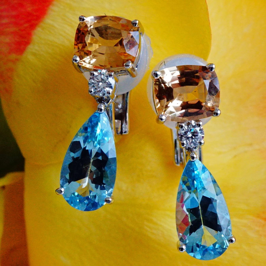 Imperial Topaz Aquamarine Earrings 18 kt White Gold Swedish Colors