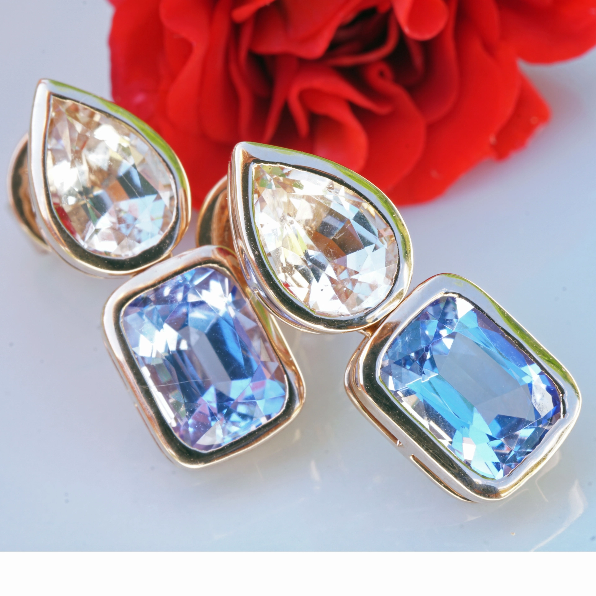 Madagascar meets Tanzania....here we combinated morganite and tansanite, not often seen