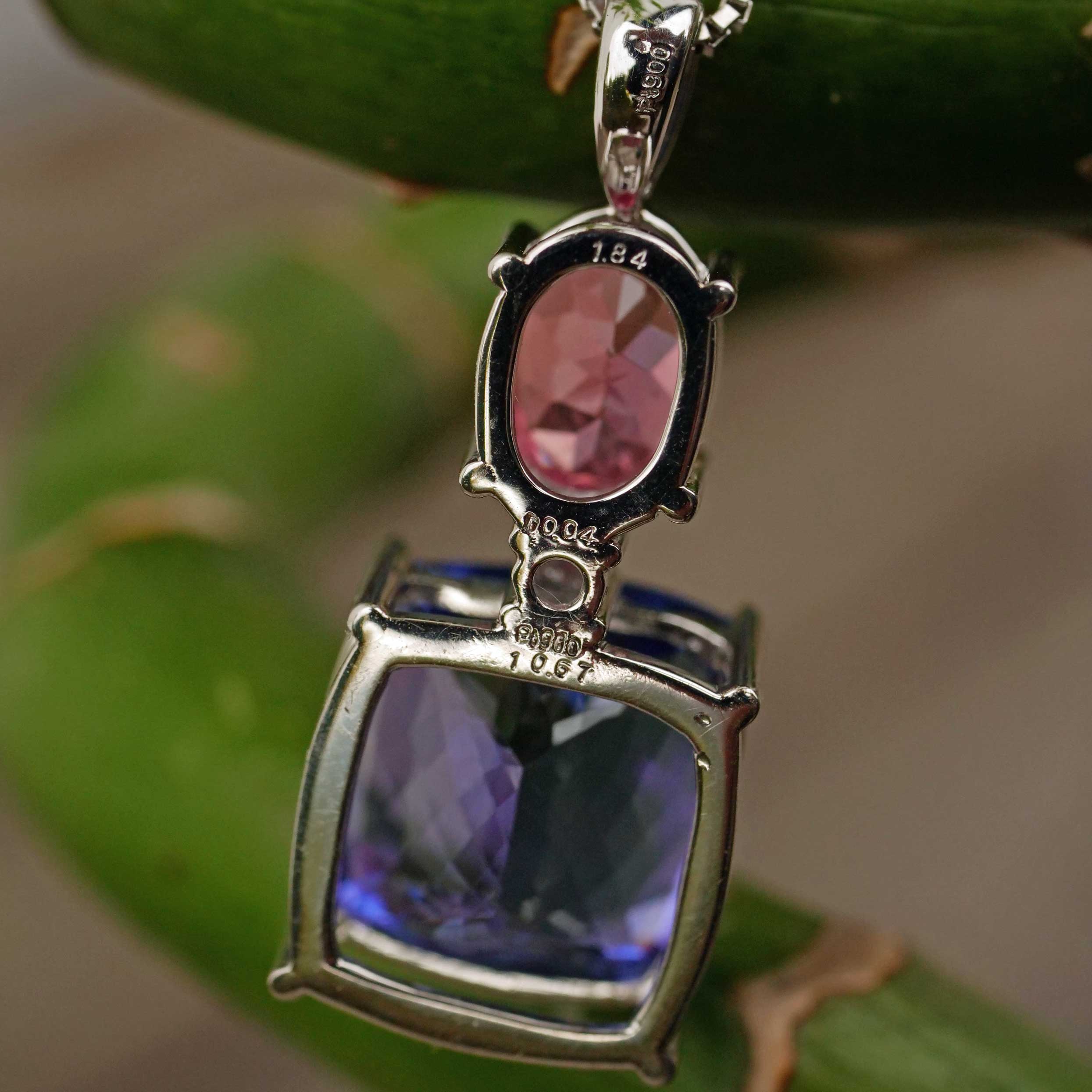 COLORWONDER Tanzanite Rhodochrosite Pendant w. Chain 10.6 and 1.84 ct AAA+ 900 Platinum