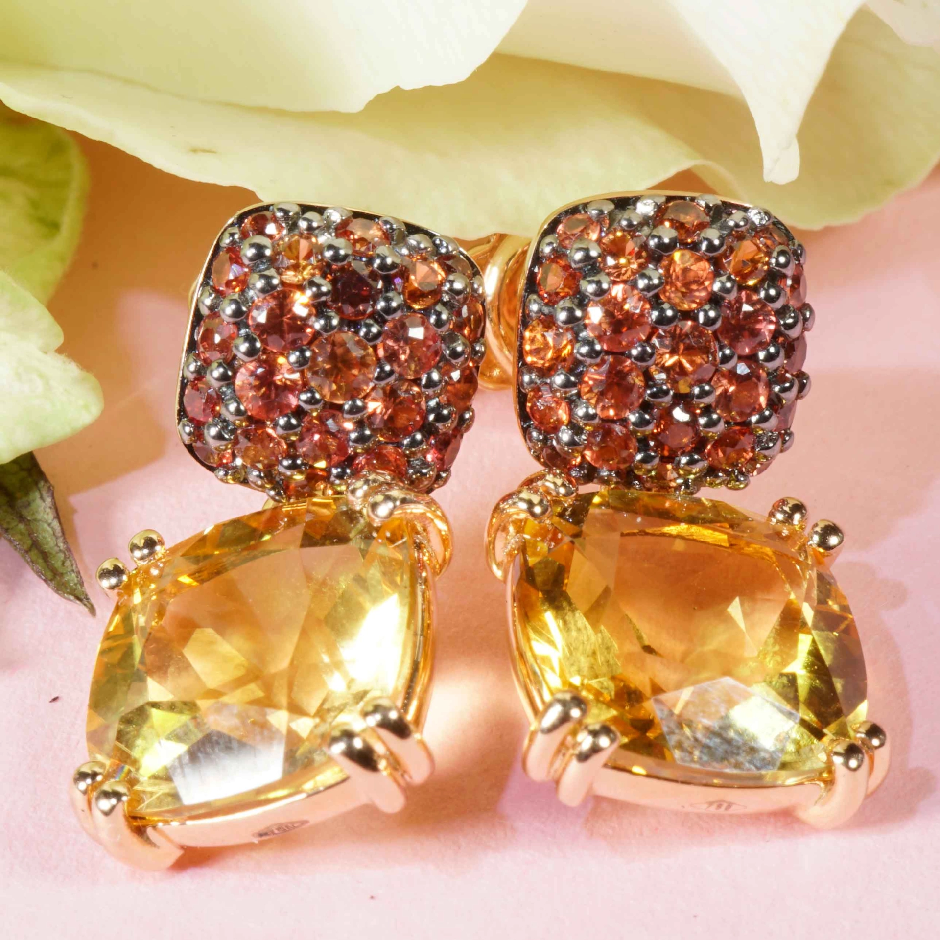 Yellow Citrin and orange Saphire Rosegold Earrings....stunning Kombination 
