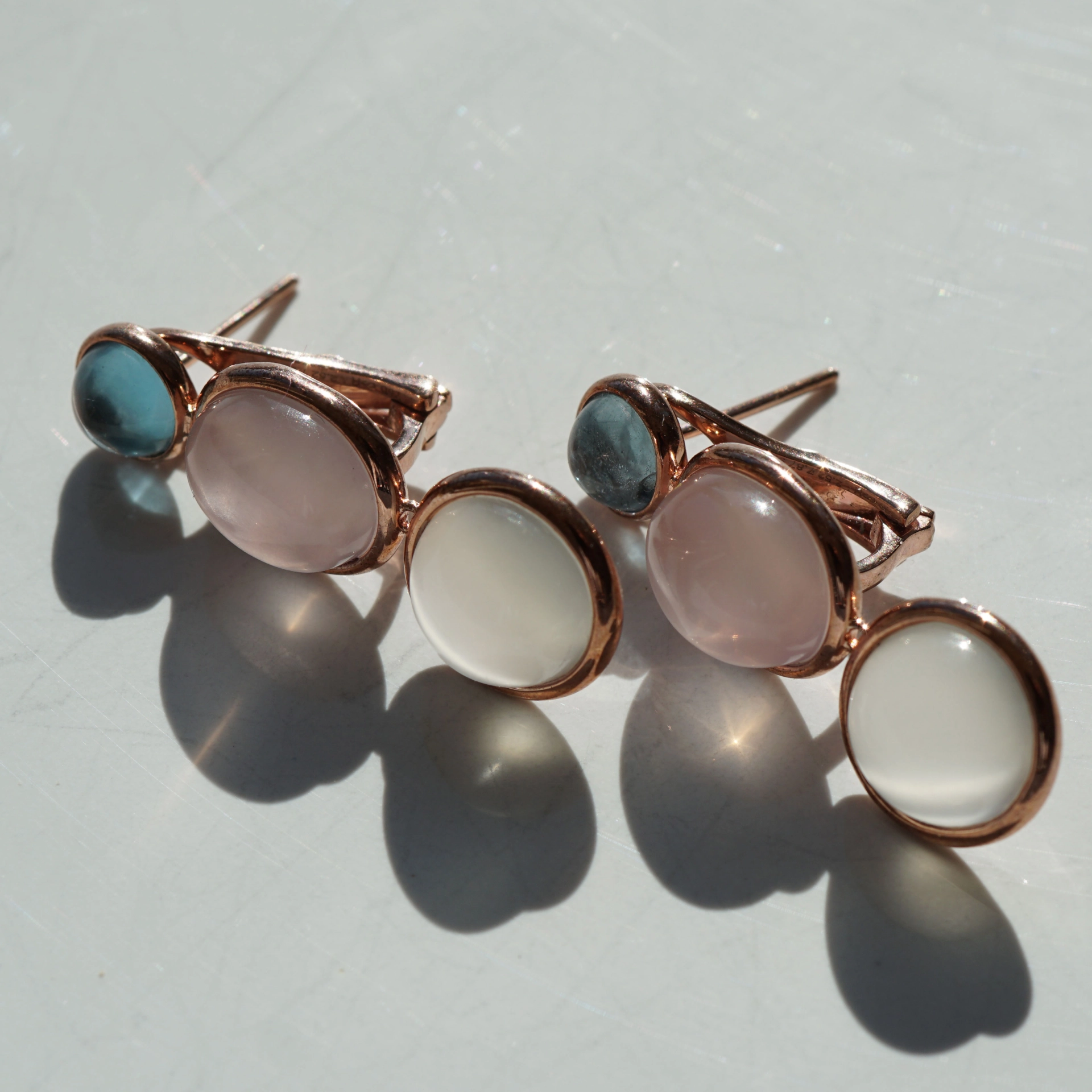 Ohrhänger in 750er Rosegold Mondstein Rosenquarz Aquamarin Fashionfarben