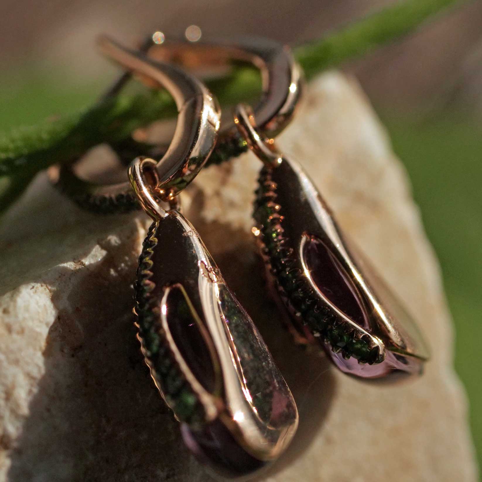 Amethyst Tsavorith Dangle Earrings 750 Rose Gold Fancy Special 5.5 ct 0.79 ct