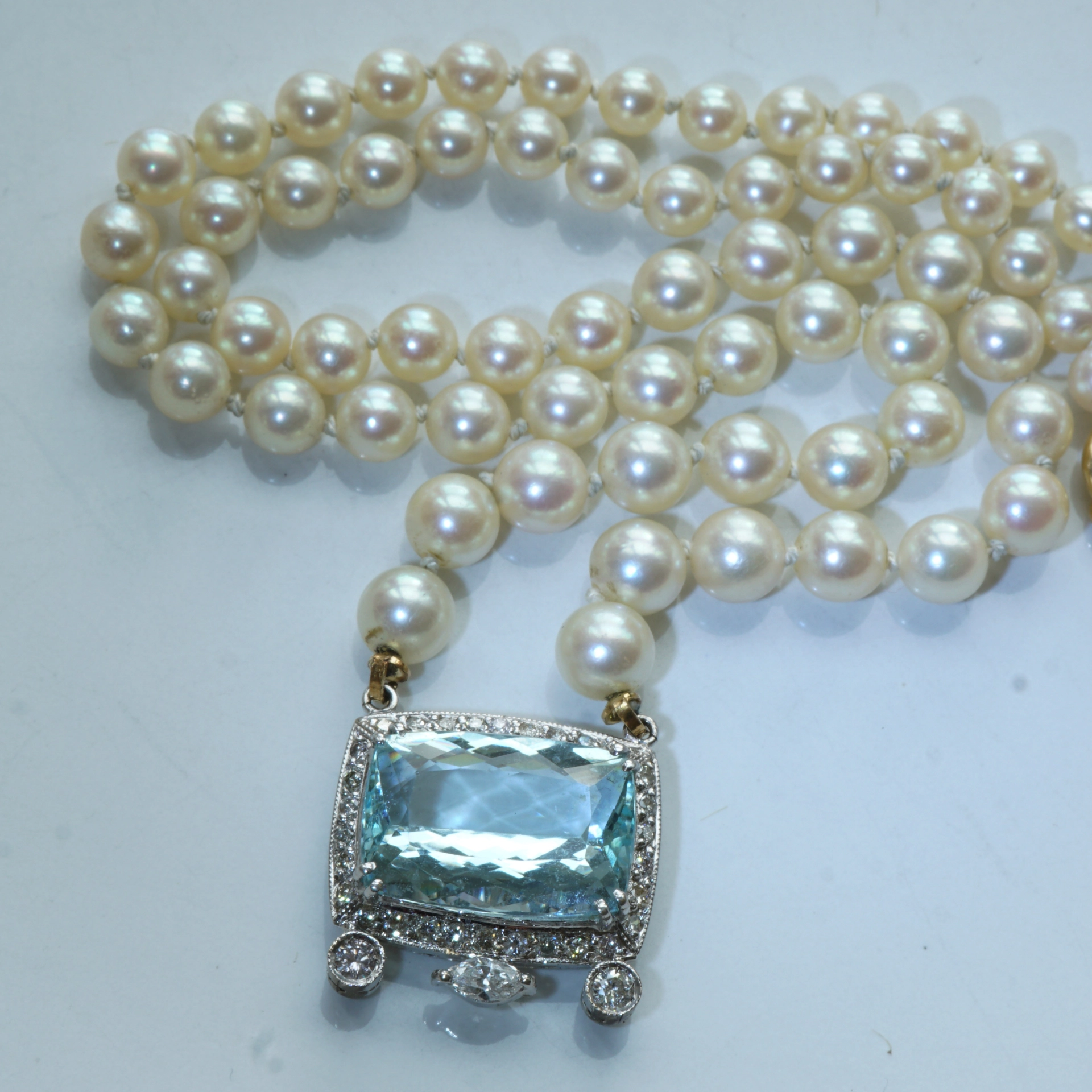 Topaz Brilliant Diamond Navette Necklace 750 White Gold fine Akoya pearls...festive
