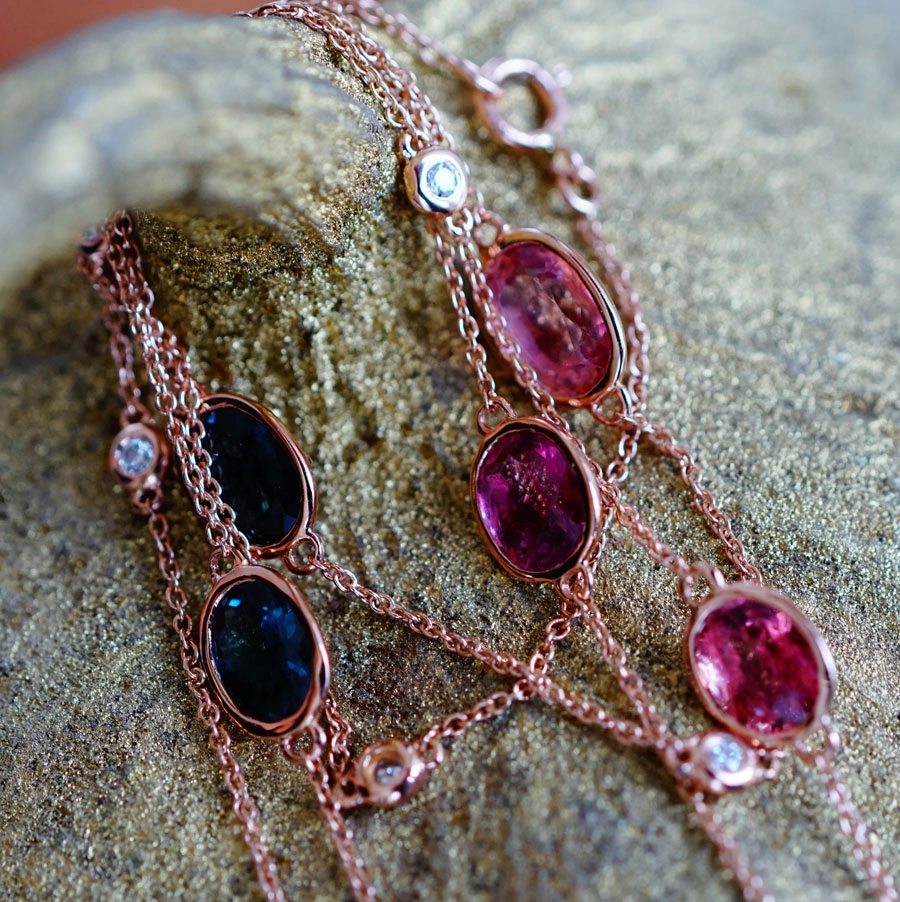 Spinell Brillant Collier 750er Rosegold 60 cm lang