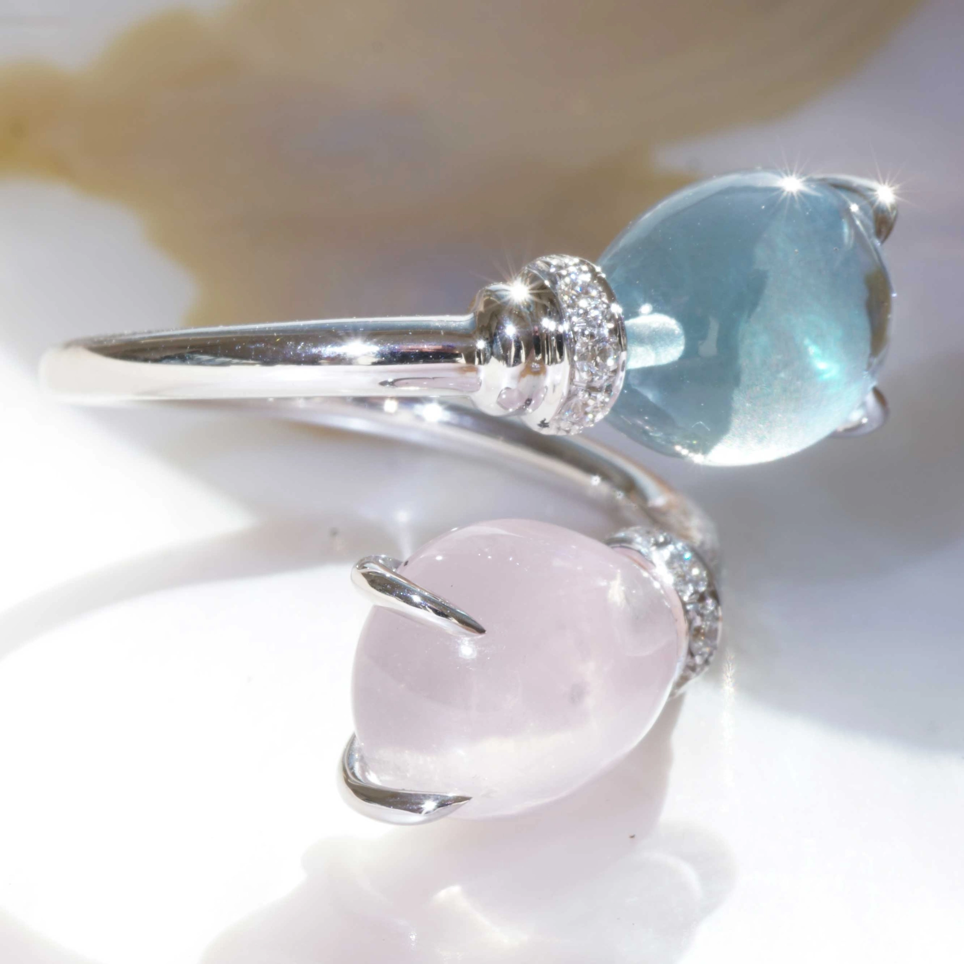 Drop Ring..soo sweet...with Blue Topaz and Rose Quartz..made in Italy