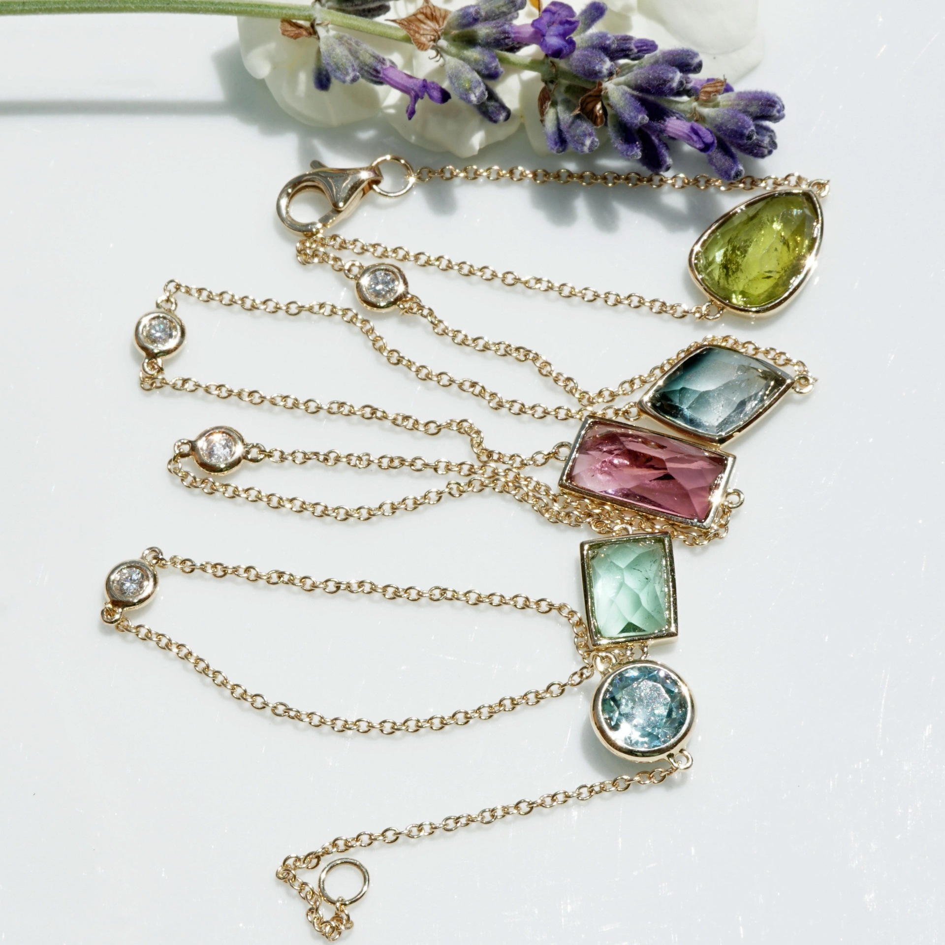 Turmalin Zirkon Diamond Necklace 14 kt Yellow Gold...Confetti Style