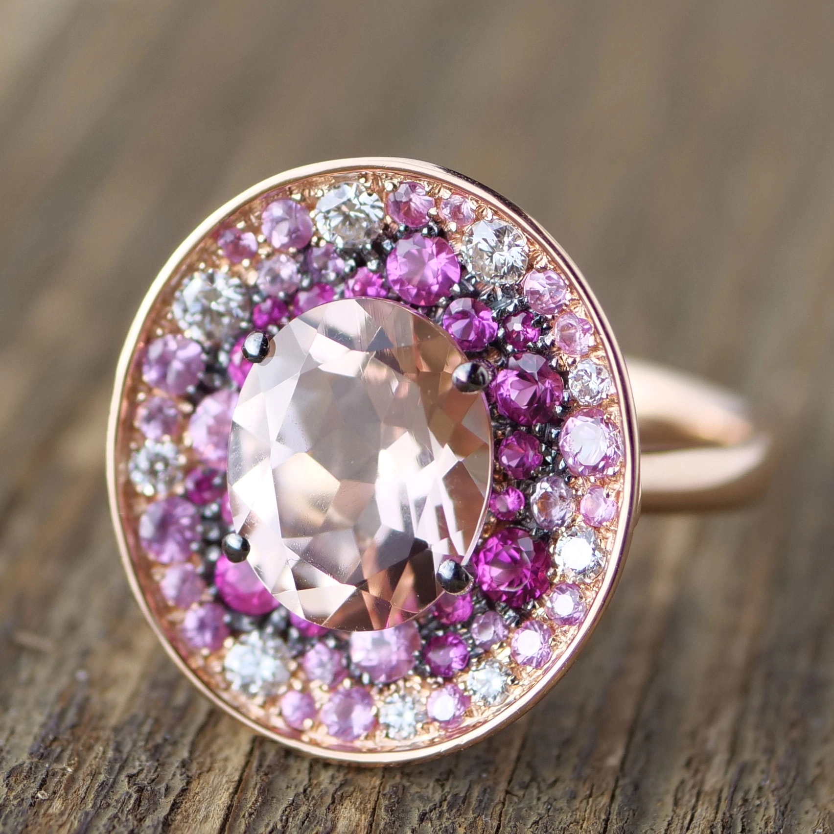 Power of Love...Rosegold Ring in Mystic Pink Colors with Saphire and Diamonds