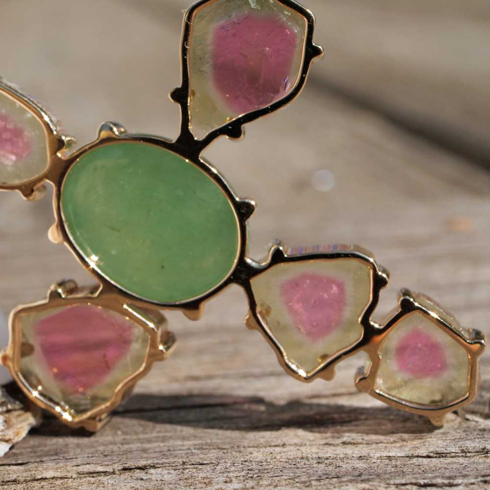 Pendant Cross Watermelons Tourmaline Jade 585 Yellow Gold 10.20 ct 15.29 ct with Short Report