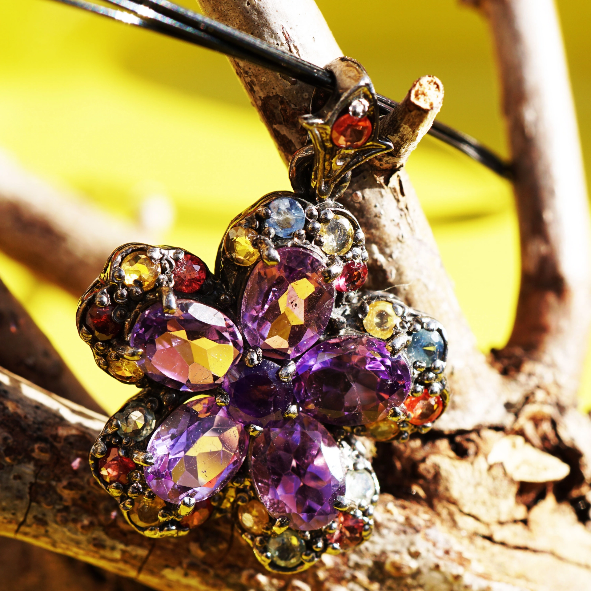 Edelstein Anhänger 925er Silber bunt in Blütenform Amethyst, Turmalin, ....