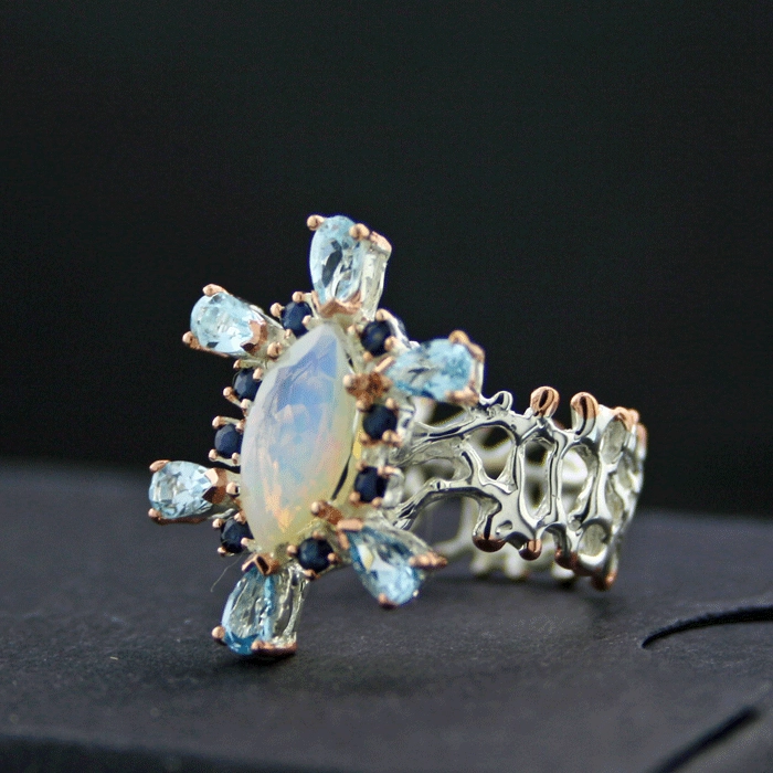 Opal-Saphir-Topas-Ring, 925/-Silber