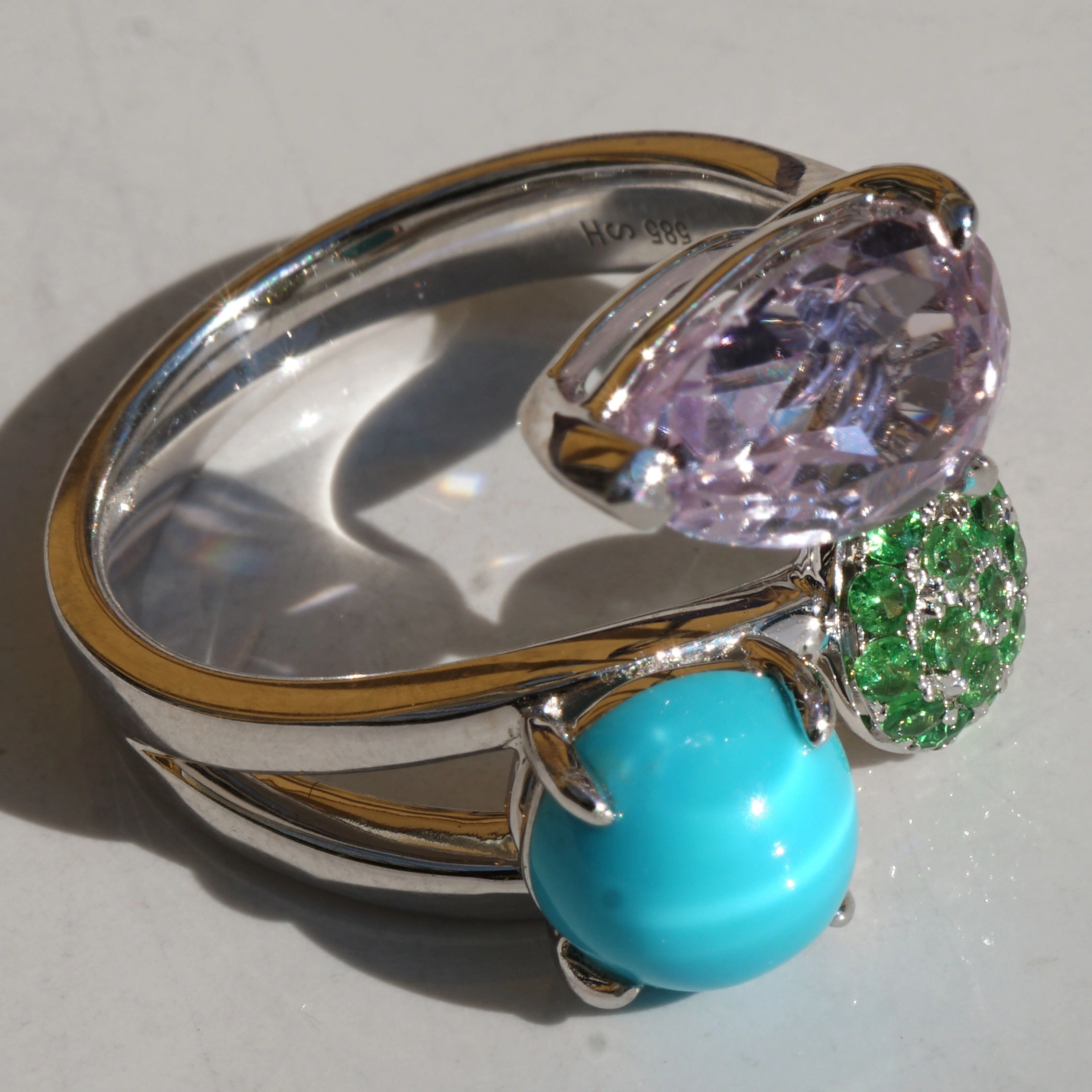 Kunzite Turquoise Tsavorite Ring 585 Whitegold 4.33 ct Day at Sea