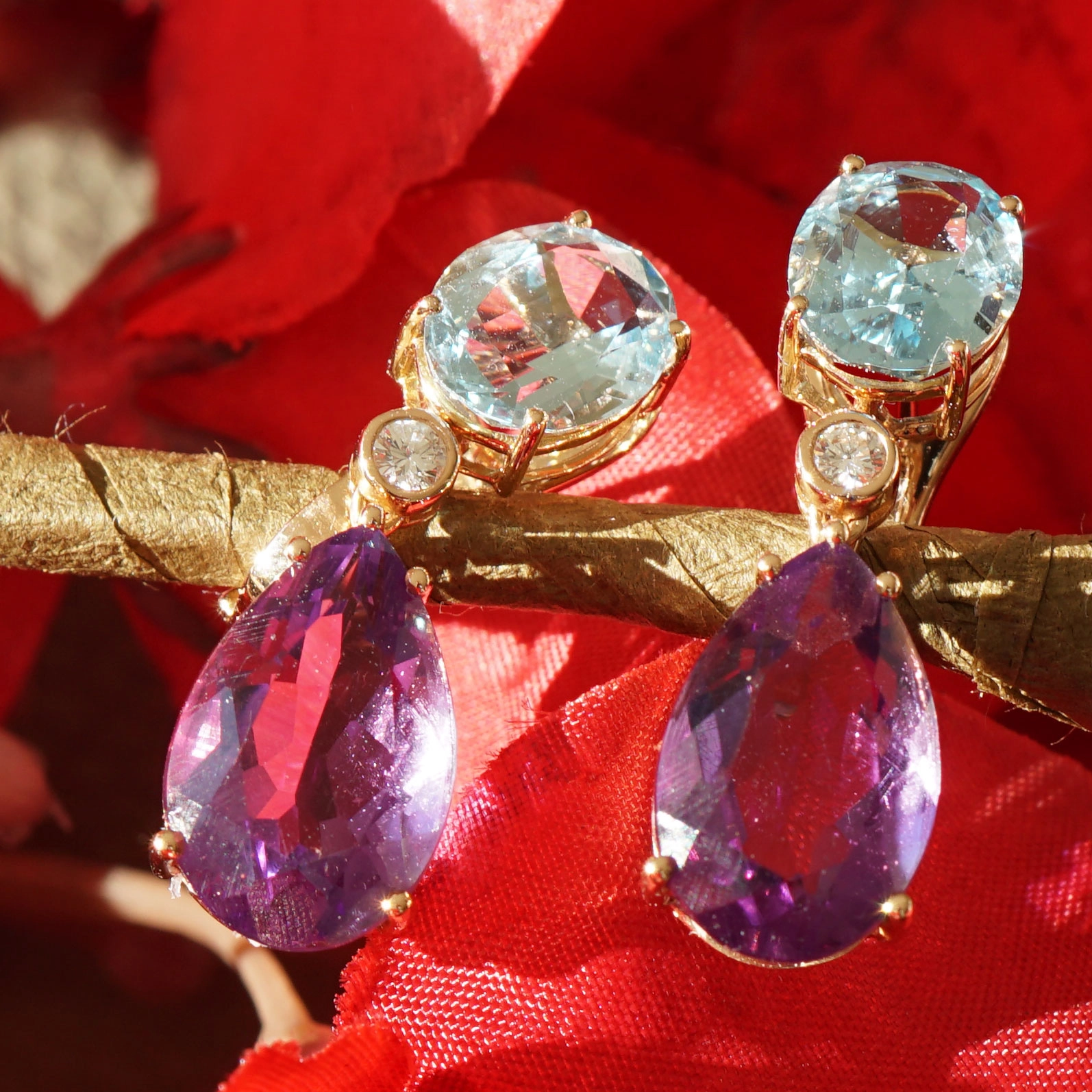 Aquamarin Amethyst Diamond Earrings 18kt Rosegold...Great Quality