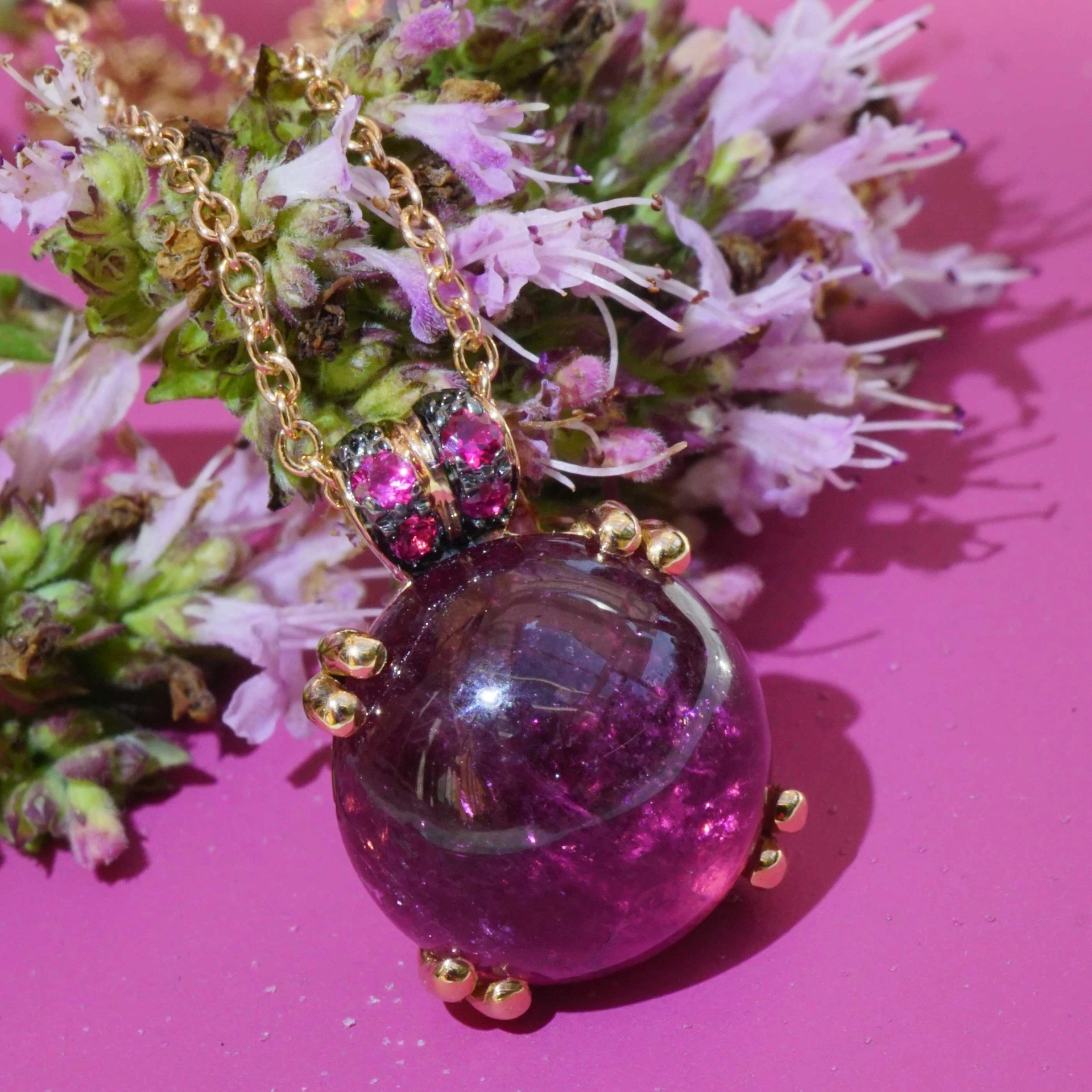 Tourmalin Saphire Necklace 18 kt Rose Gold.sweet Bubbles..round Gemstone