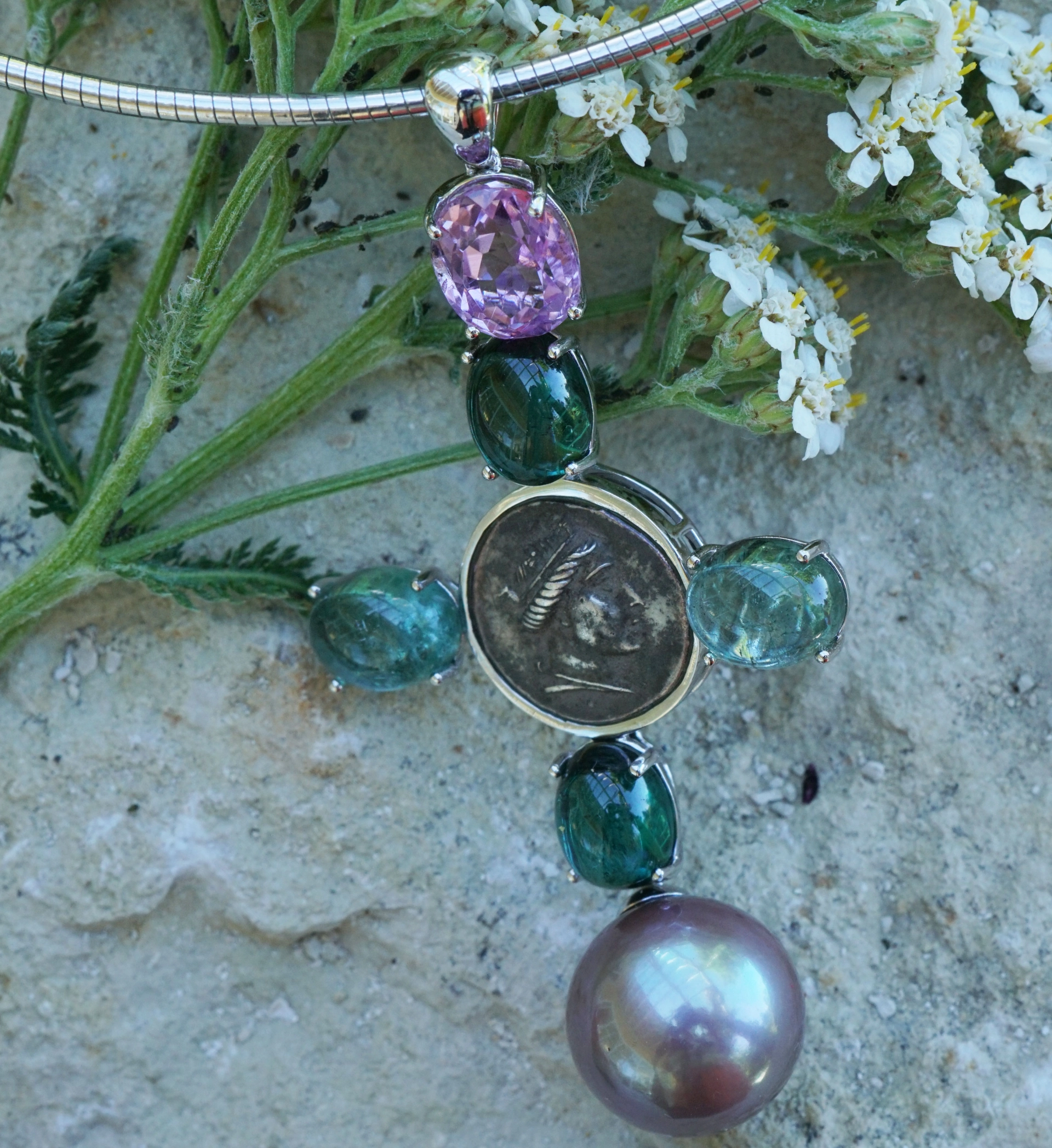 Pendant Cross with Replica Coin and blue-green Turmalin and Kunzite