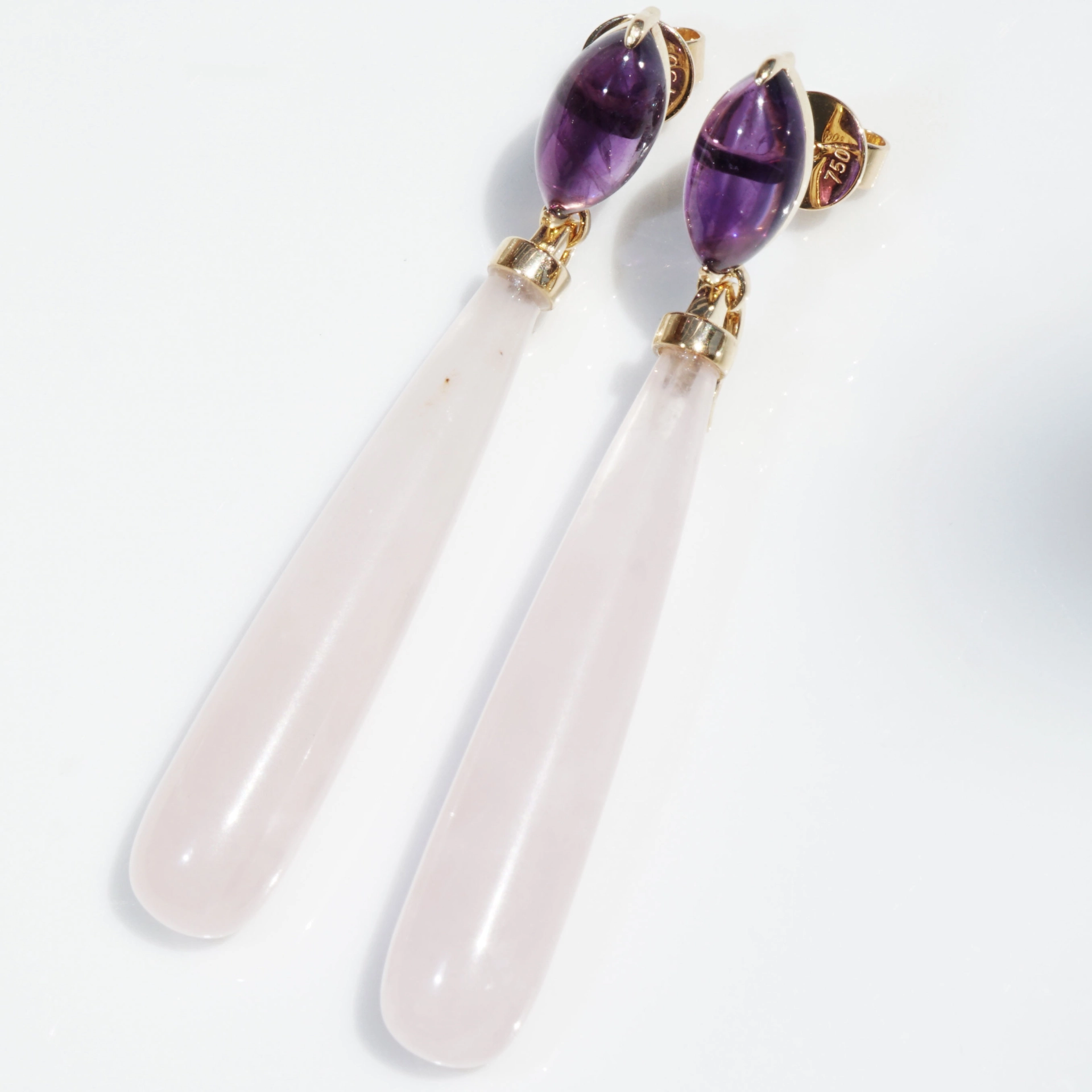 Rosequartz Amethyste Earrings 18 kt Yellowgold..pink Inspiration