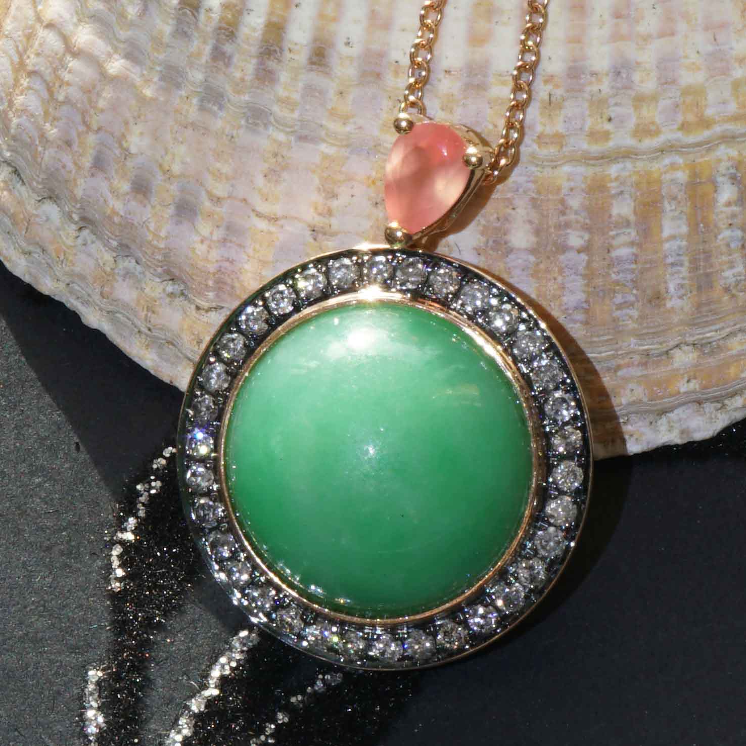 Jade Rhodochrosite Brilliant Pendant with Chain 750 Rose Gold Genuine Natural Jade with Certificate