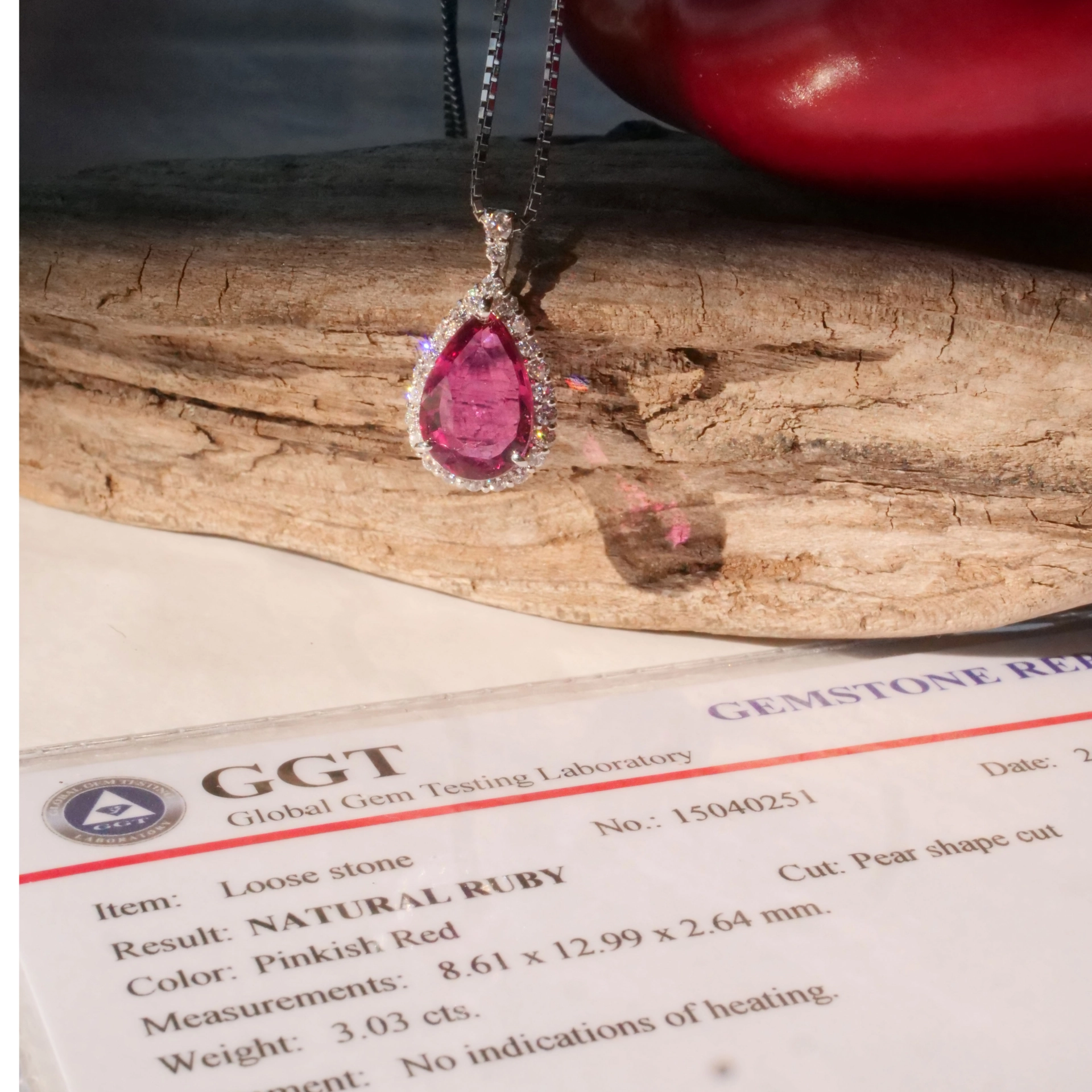 Ruby Brilliant Pendant 3.03 ct unheated Mozambique AIGS Certificate 950 platinum 0.43 ct Rare Size