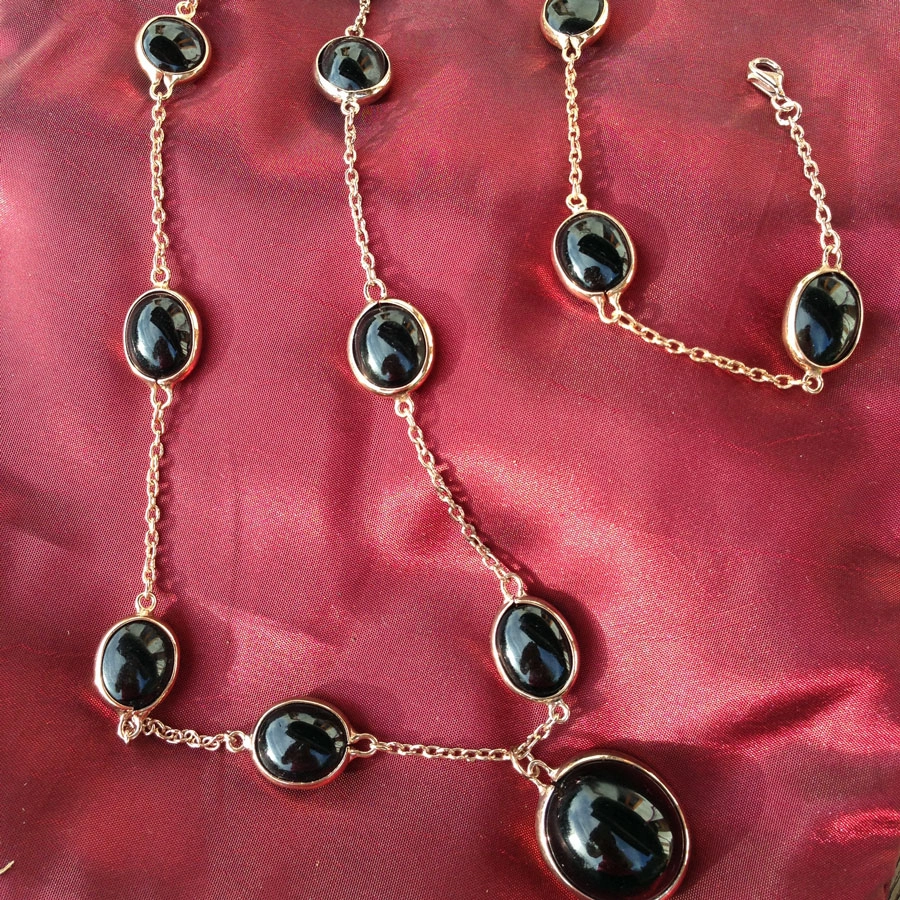 Onyx Kette lang  mit Anhänger  925er Silber rosevergoldet 88 cm lang