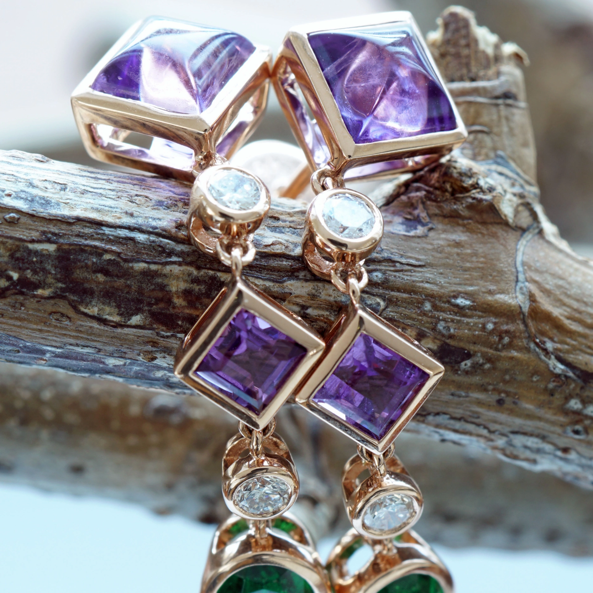 Amethyst Diopsid Diamonds Earrings 18 kt Rosegold...Dragonia