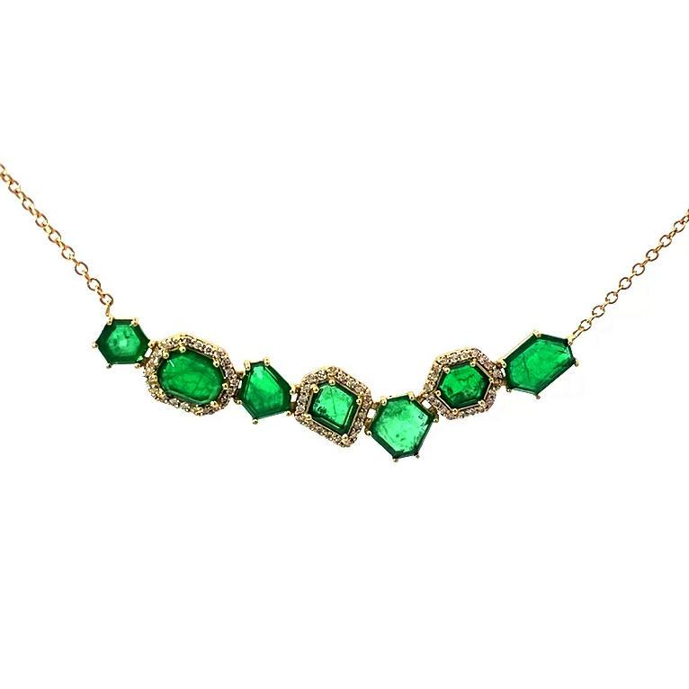 Neon Green Emerald Brilliant Necklace 750 Yellow Gold 2.94 ct 0.26 ct from Mingora Mine in the Swat Valley in Pakistan