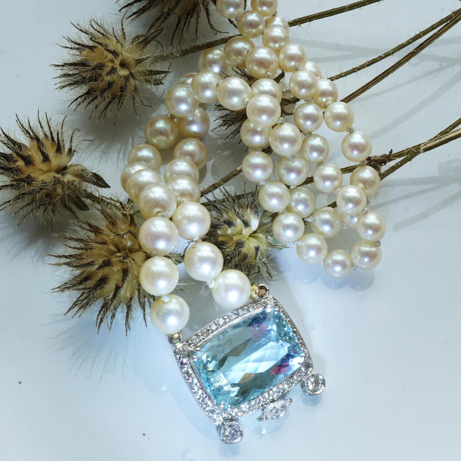 Topaz Brilliant Diamond Navette Necklace 750 White Gold fine Akoya pearls...festive
