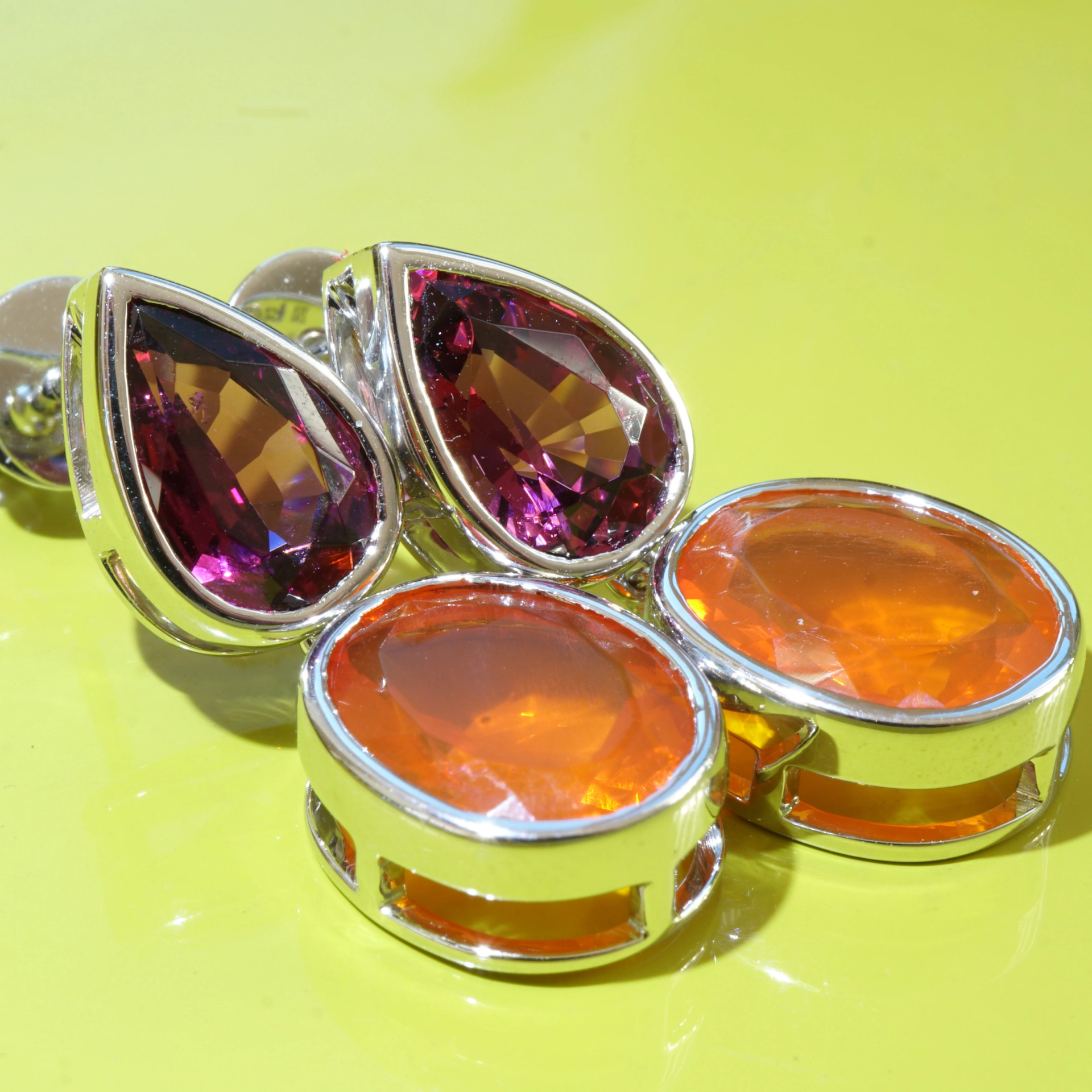Crazy Colors combinated.....Fireopal and Rhodolith Earrings