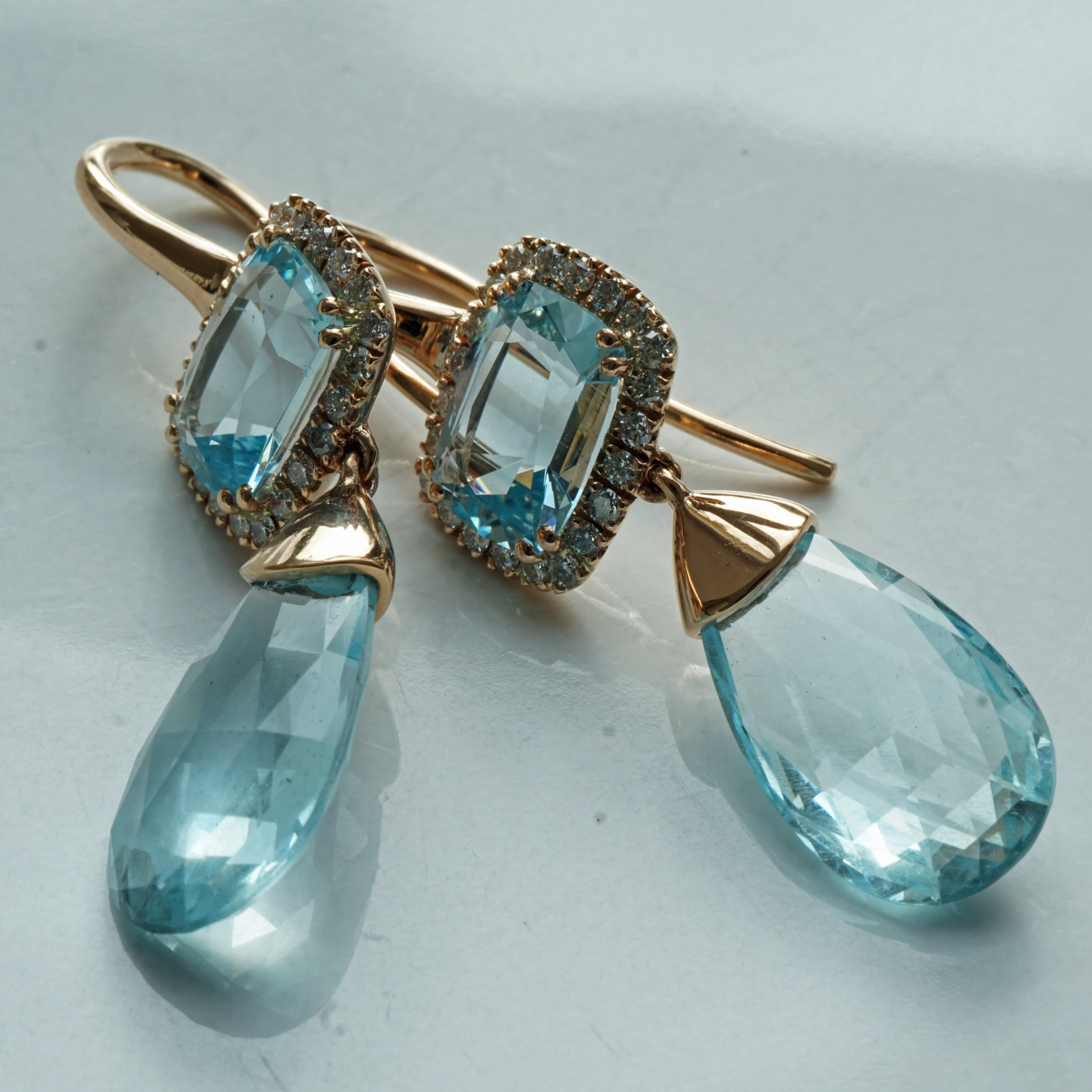 Aquamarin Brillant Ohrhänger 750er Rosegold 7.84 ct designed in Valenza