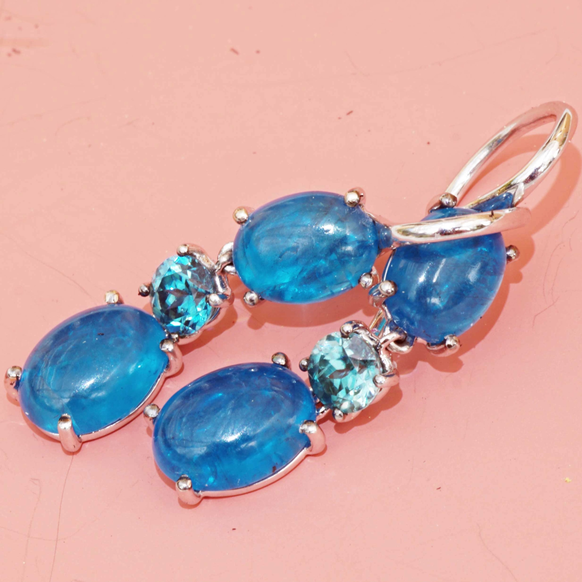 Earrings NEON Colors Apatite and blue Zircon 18 kt White Gold....great Setting made in Italy