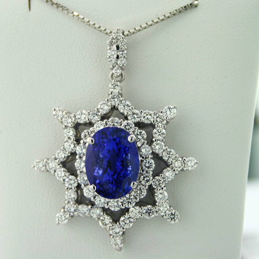 Tansanit-Brillant-Anhänger in 900/-Platin mit Kette in 850/-Platin