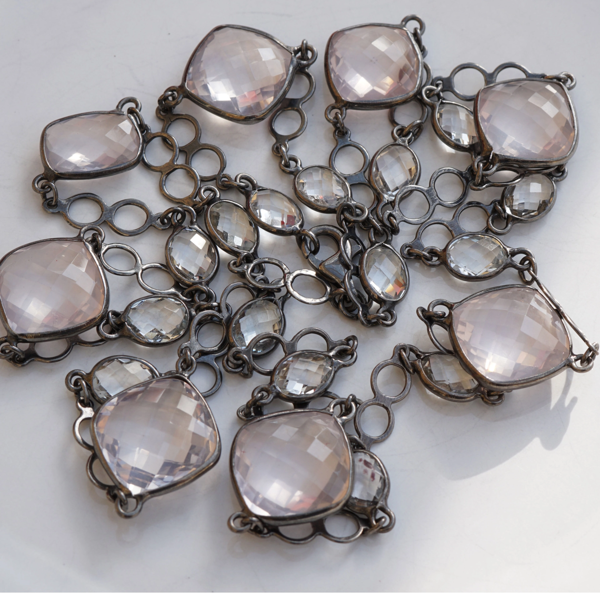 Waffle-Cut Rose Quartz Necklace 90 cm Silver...very long