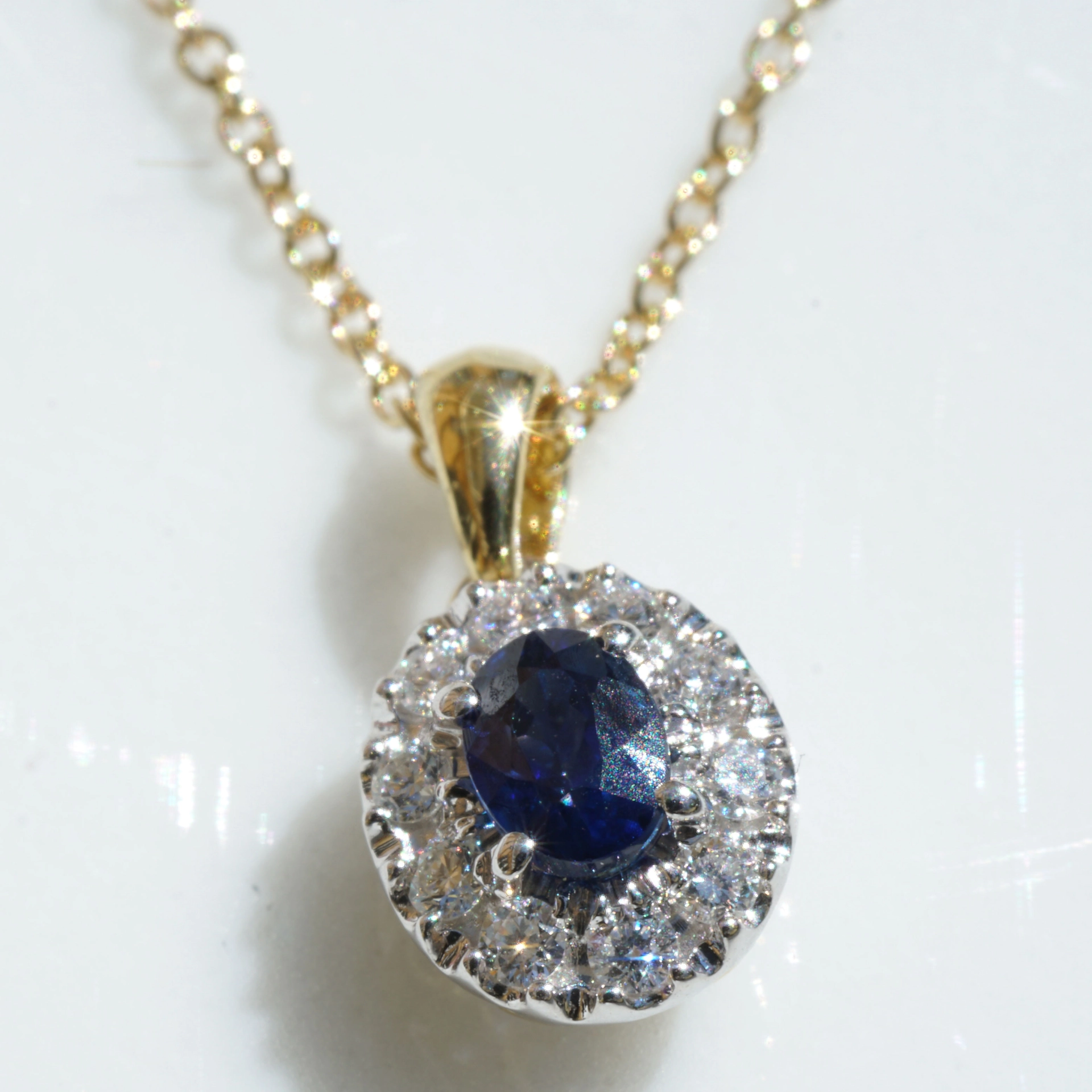 Saphir Brillant Anhänger m. Kette hergestellt in Traditionsgoldschmiede 750er Gelbgold