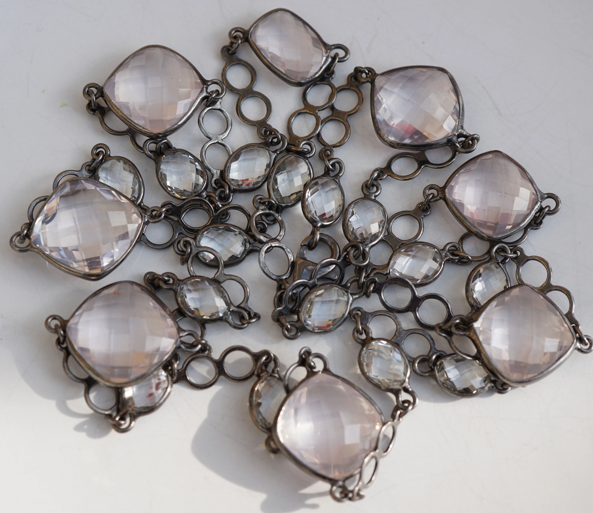 Waffle-Cut Rose Quartz Necklace 90 cm Silver...very long