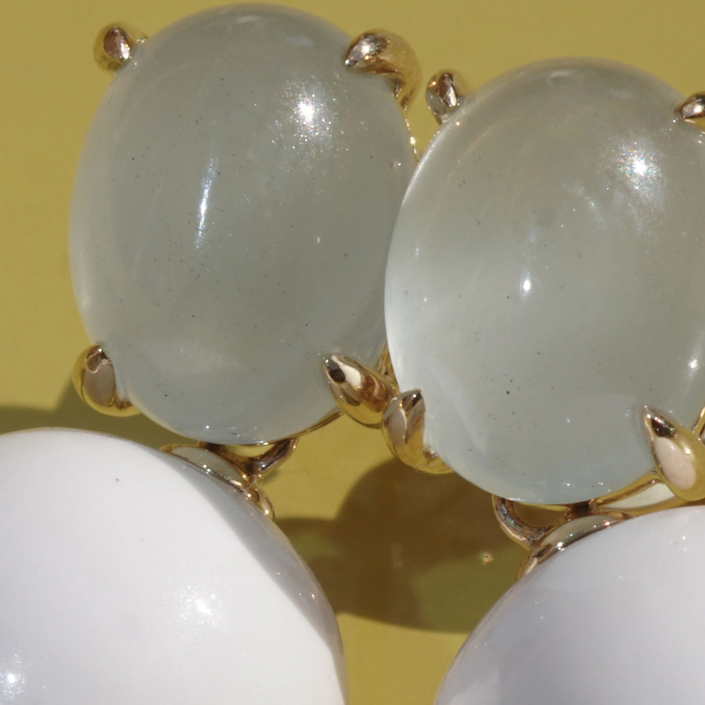 Cacholong Aquamarine Earrings 14 kt Yellowgold....Sky and Snow