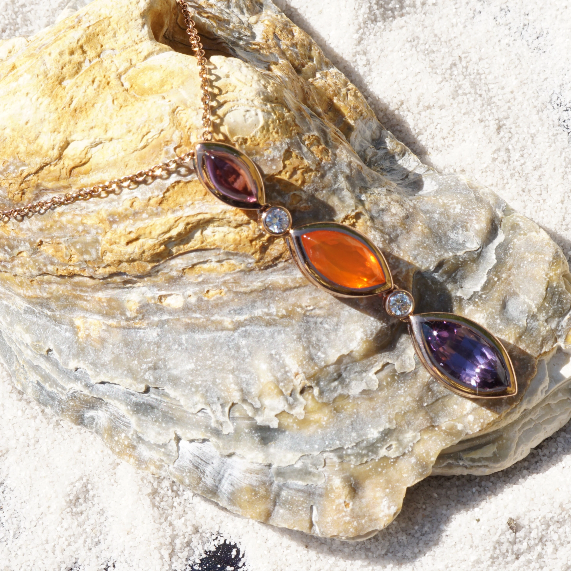 Spinel fire opal amethyst pendant 750 rose gold with brilliants..Hallelujah