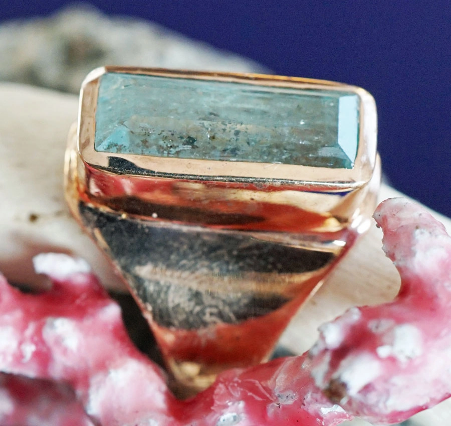 AQUAMARIN Ring Silber rosevergoldet 20 x 9 mm Handarbeit tolle intensive Farbqualität