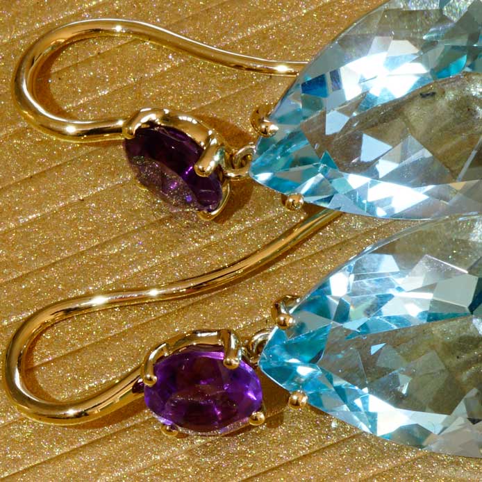 Bluetopaz Amethyst Earrings of high quality made in a traditional Italian goldsmith in Valenza, modern Design