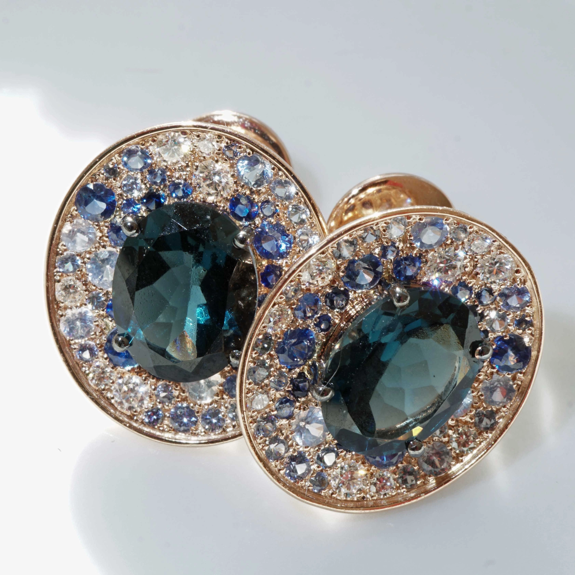 Power of Magic..Rosegold Earstuds in Mystic Blue Colors with Saphire and Diamonds
