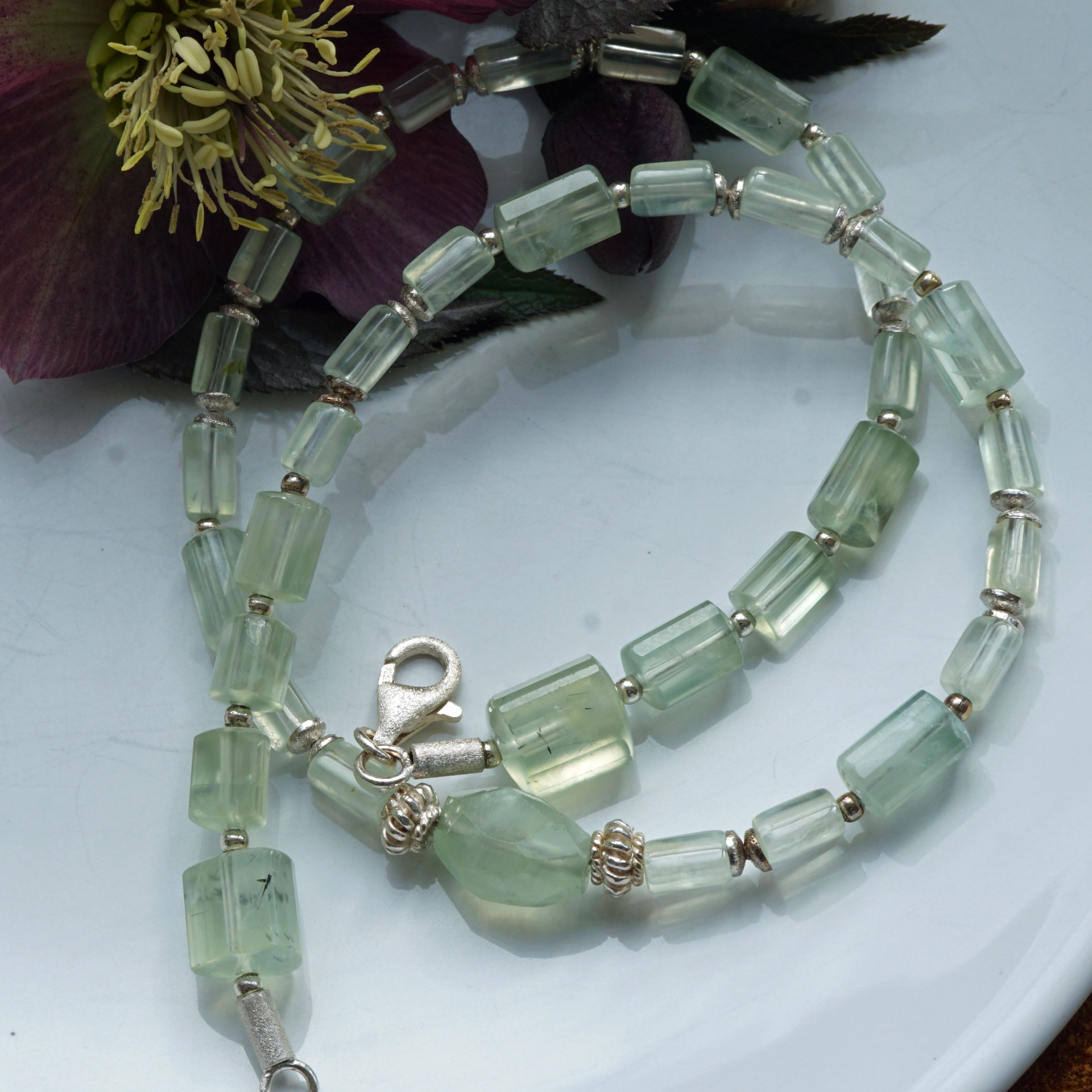 Gemstone Necklace with running Prehnites in different Color Nuances