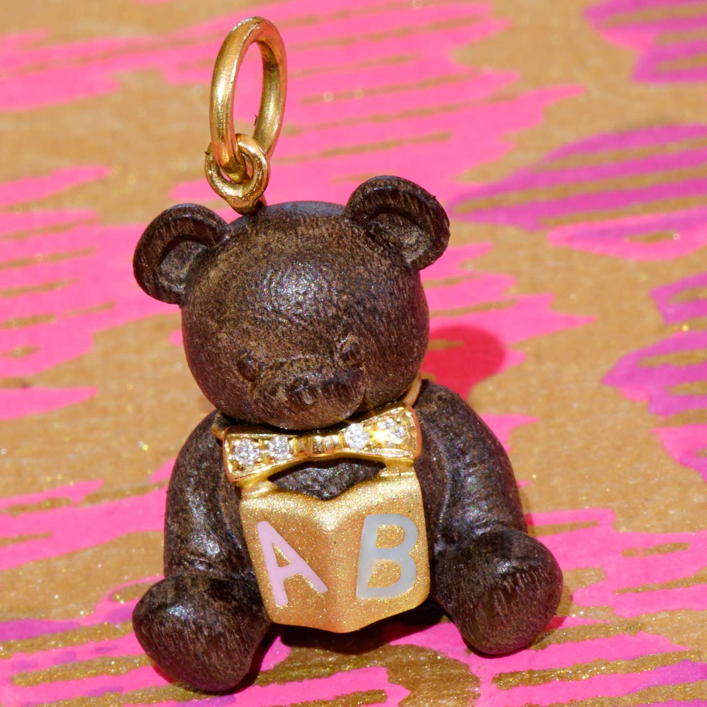 Brilliant Teddy Bear Book Pendant...so cute...18 kt Yellow Gold...precious Wood