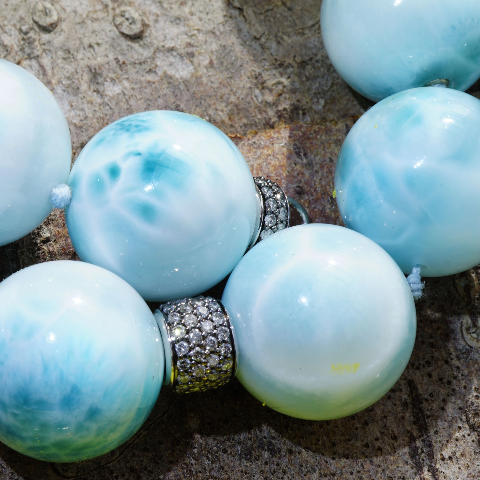 Larimar Ball Necklace 18 kt Whitegold with grey Diamonds..cloudy Beauty..Highest Quality