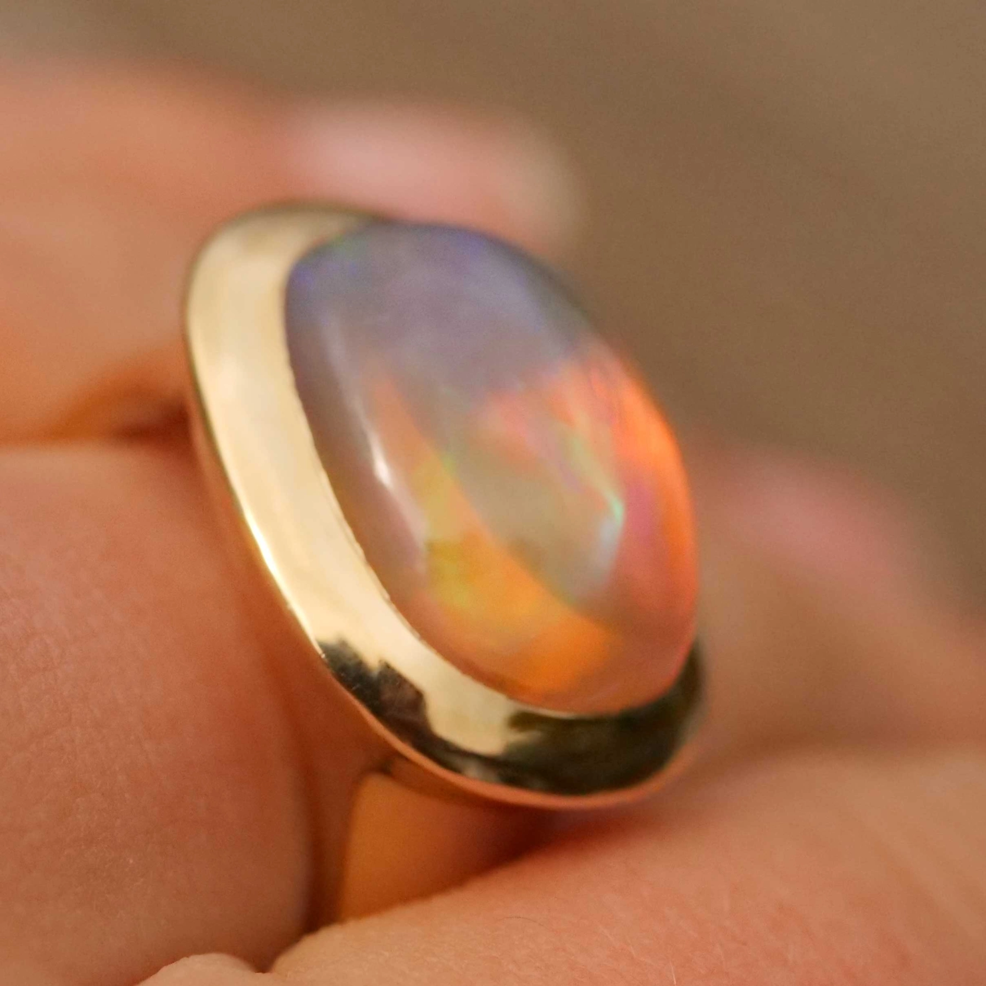 Fire Opal Ring 7 ct modern Cushion Design 18 kt Yellow Gold made in Valenza (Italy)
