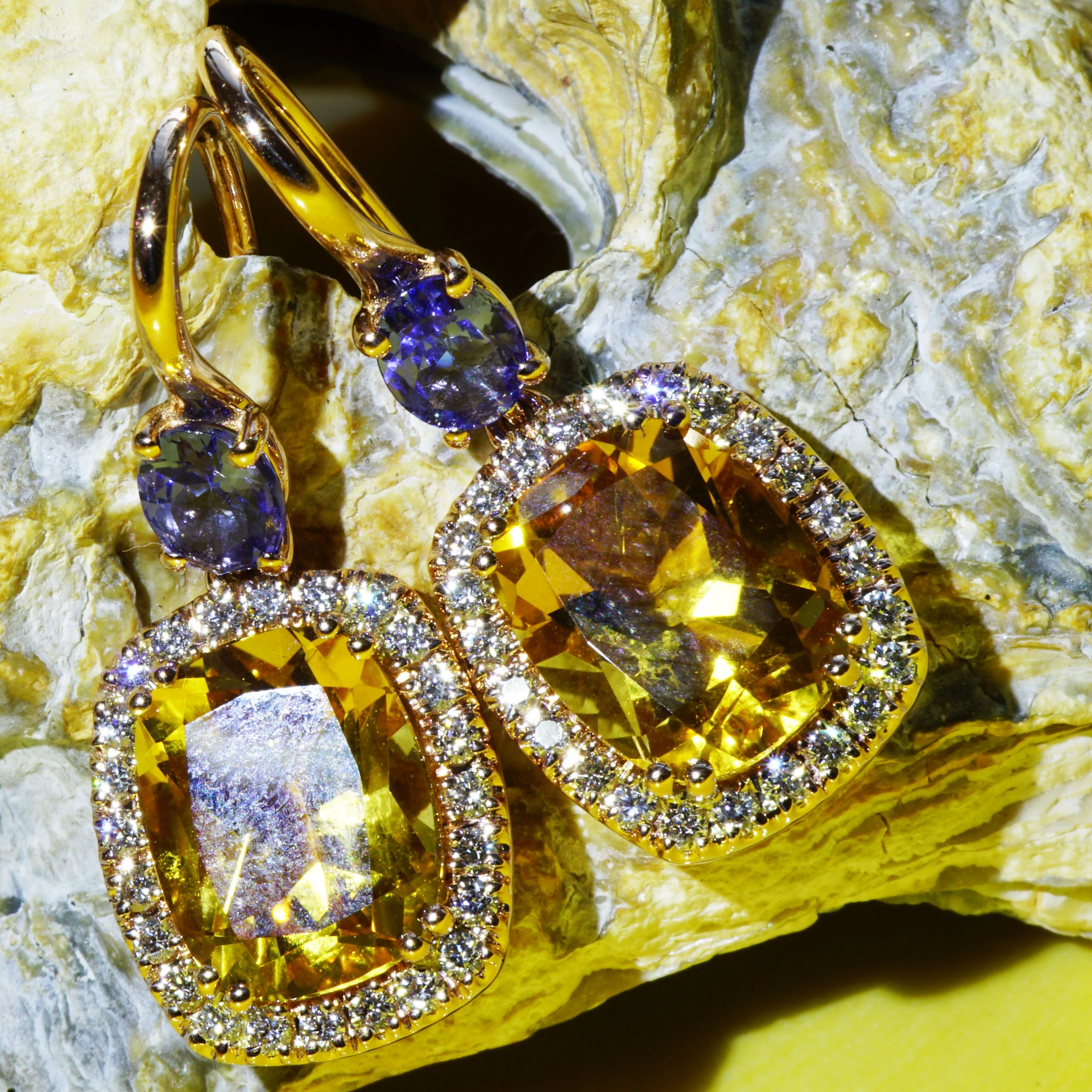 Tanzanite Citrine Earring with Brilliants 18 kt Rose Gold....High Quality Jewellery