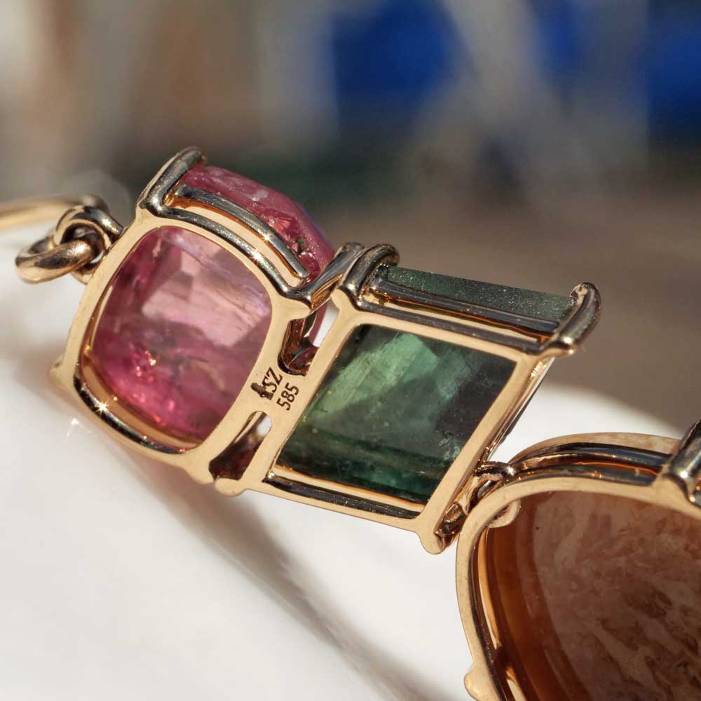 Tourmaline earrings, 585 yellow gold, 9.22 ct, with petrified coral from Bali from another period