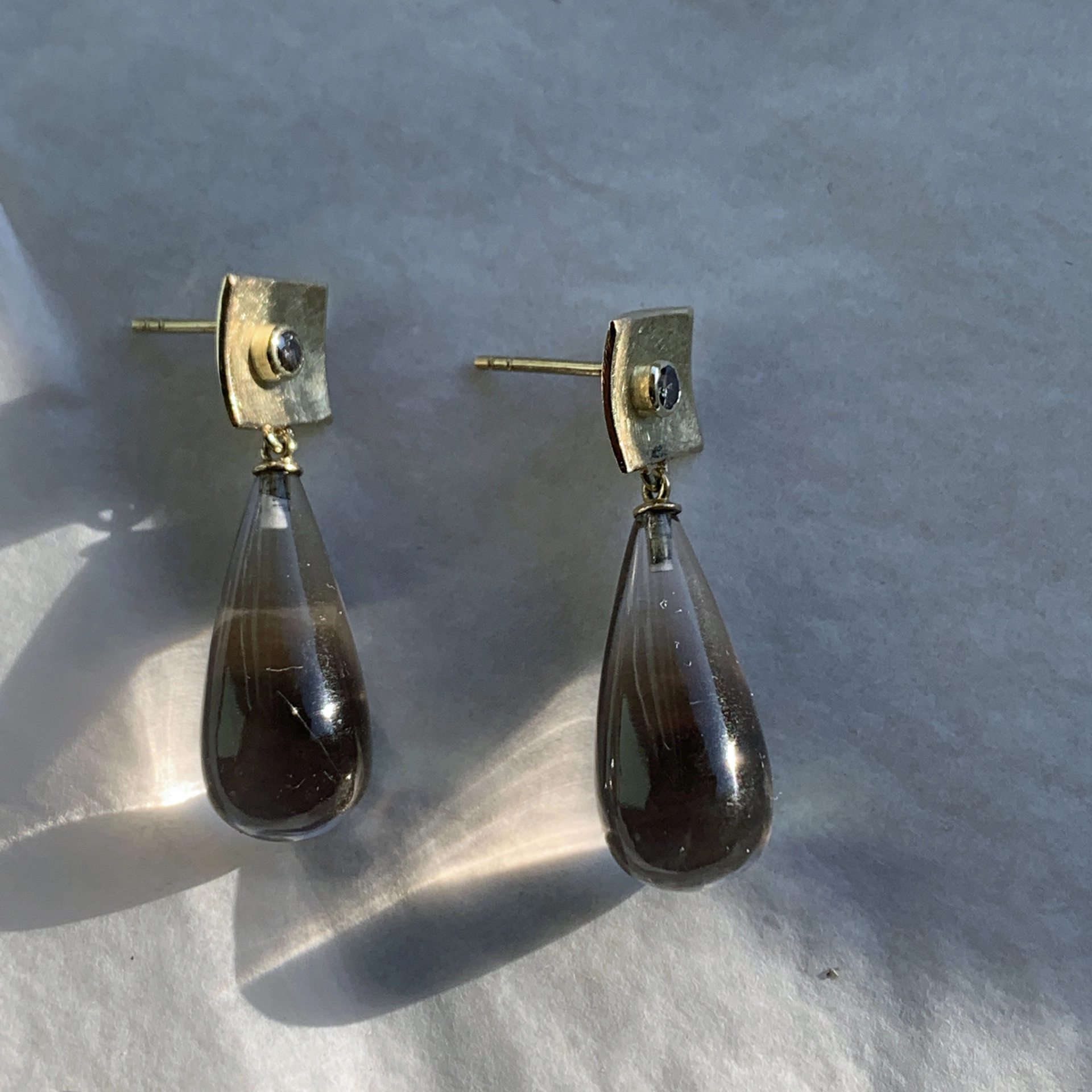 Diamond Smokey Quartz Earrings 14 kt Yellow Gold....handmaded