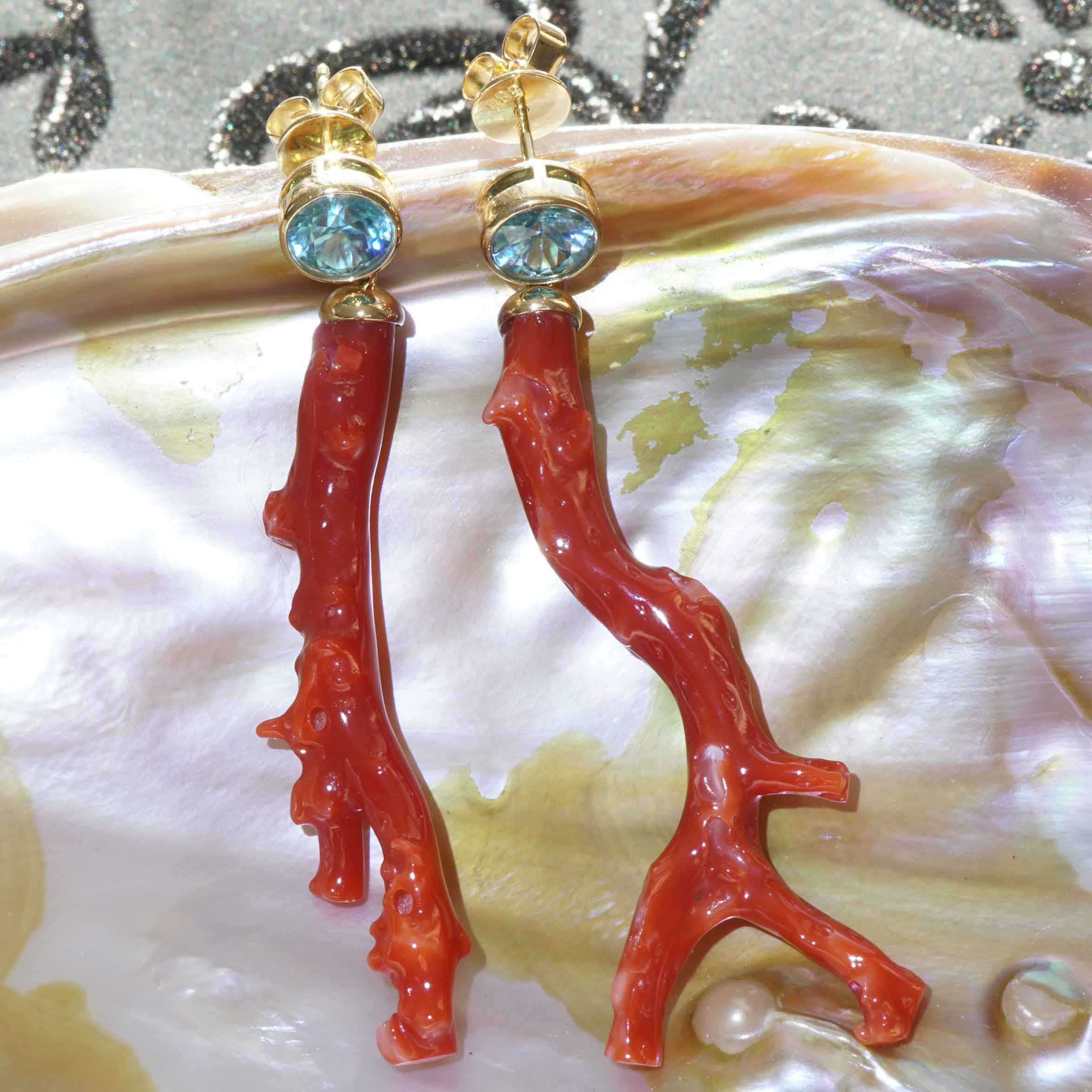 Coral Branch Blue Zircon Earrings 585 Yellow Gold... Immerse yourself in the world of the seas 2.35 ct 20 ct