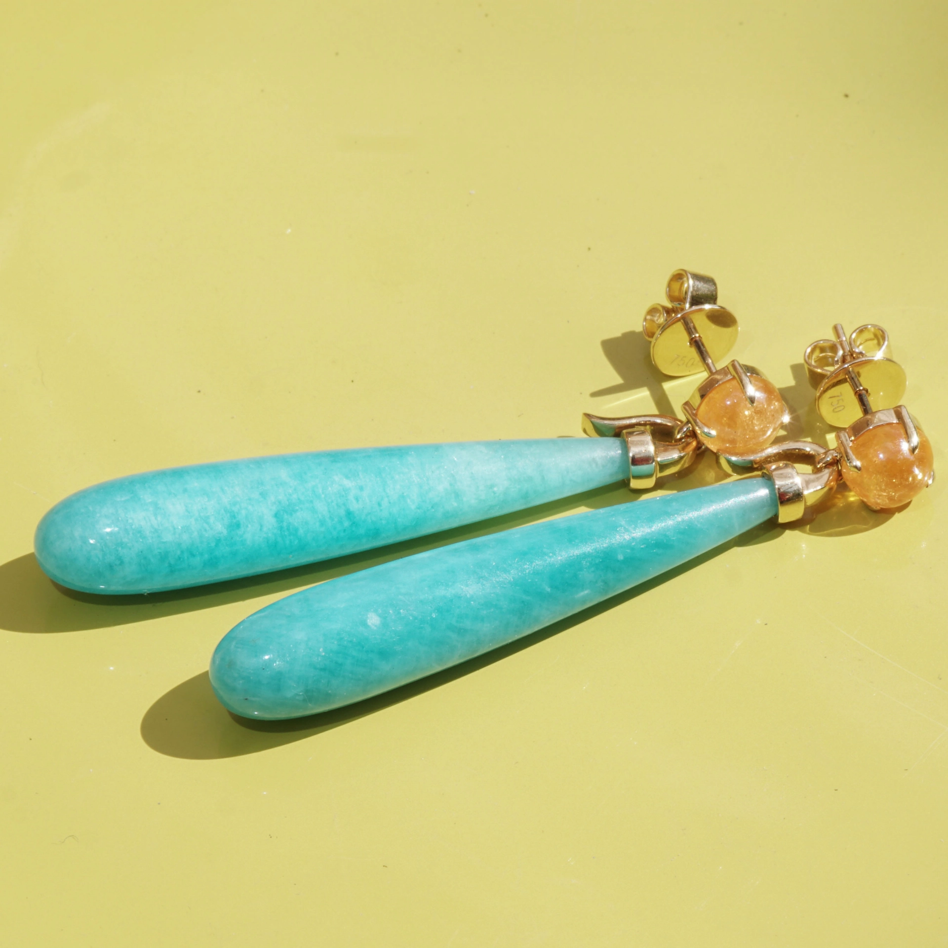 Mandarin Garnet Amazonite Earrings 18 kt Yellowgold...such a Fun 