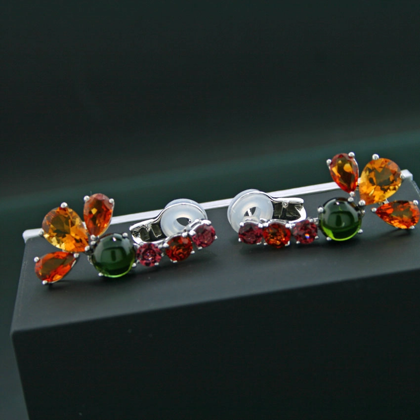Turmalin-Rhodolith-Citrin-Rubelith-Ohrstecker/Clips, 750er-Gold, 18 kt Weißgold