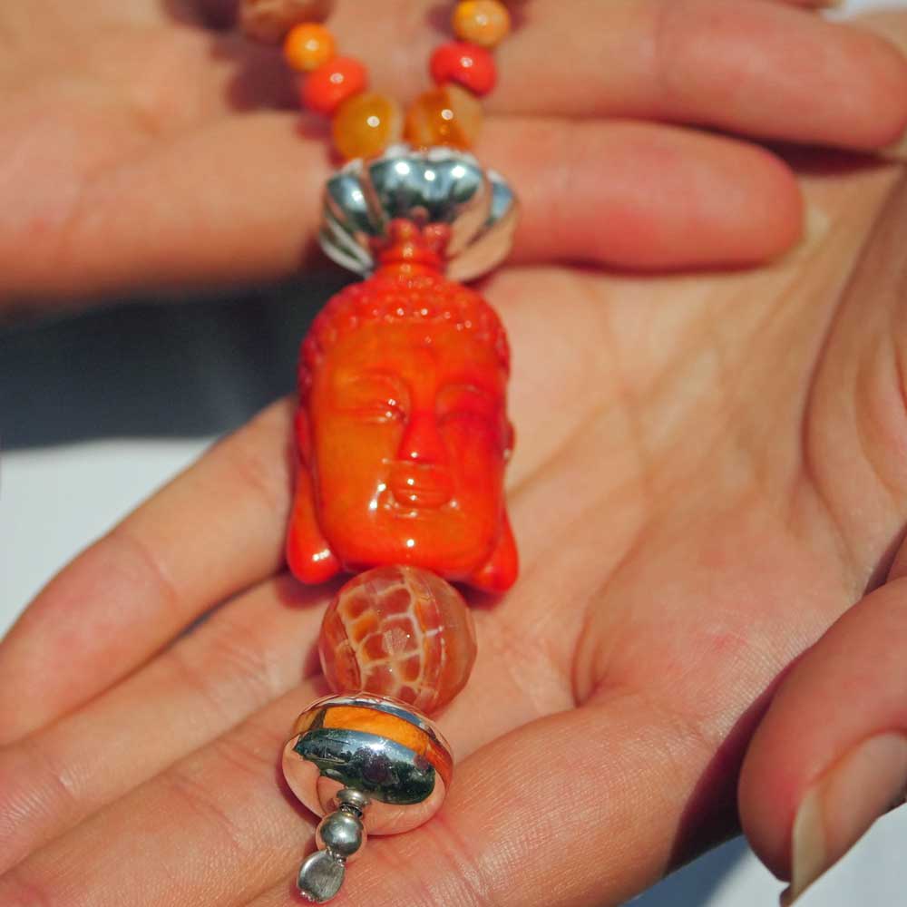 Chilango Foam Coral Buddha Head Carnelian Jasper Chain in 100 cm Length 925 Silver Versatile Colors